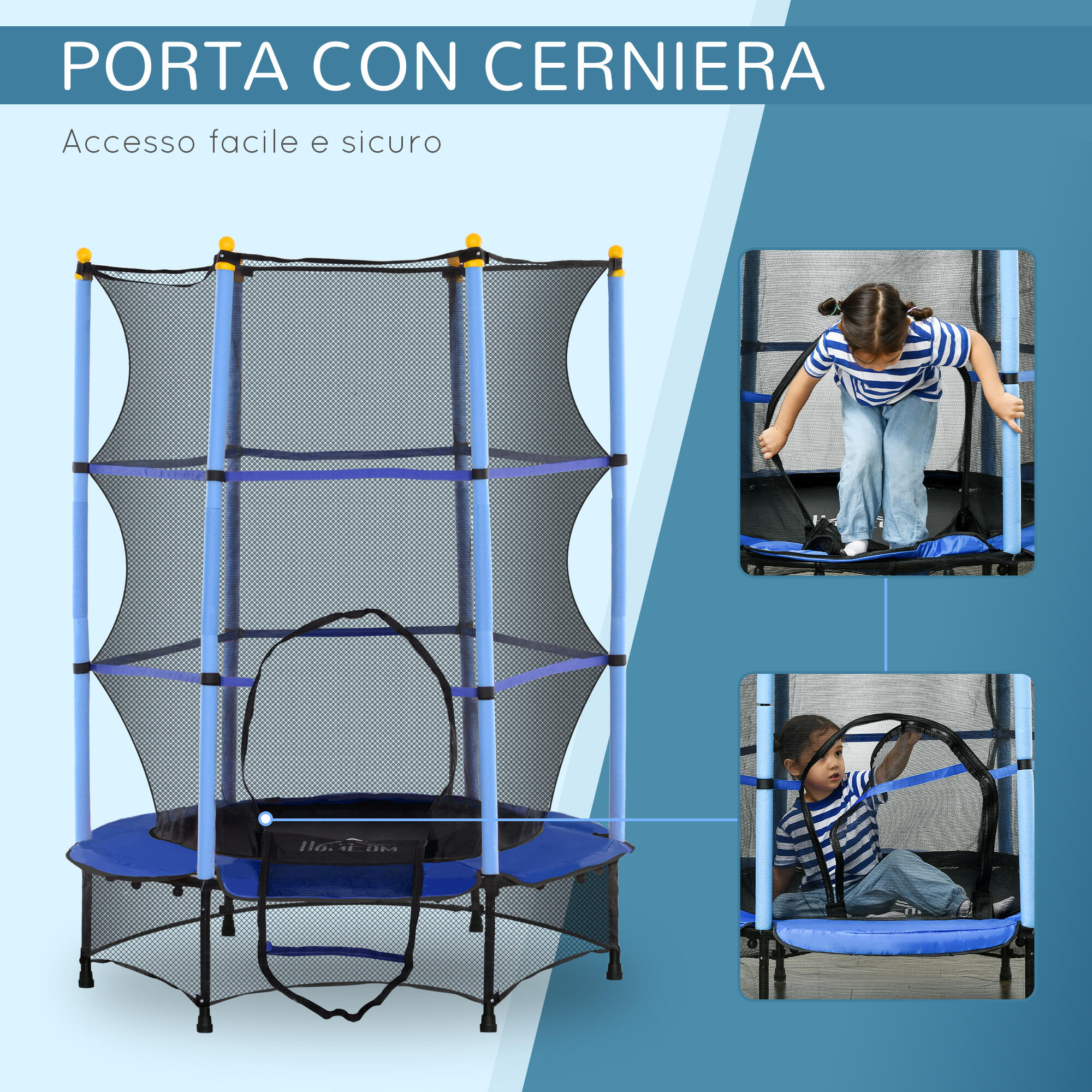 HOMCOM Tappeto Elastico per Bambini 3-10 Anni con Rete di Sicurezza Ø140 cm Blu 4/7