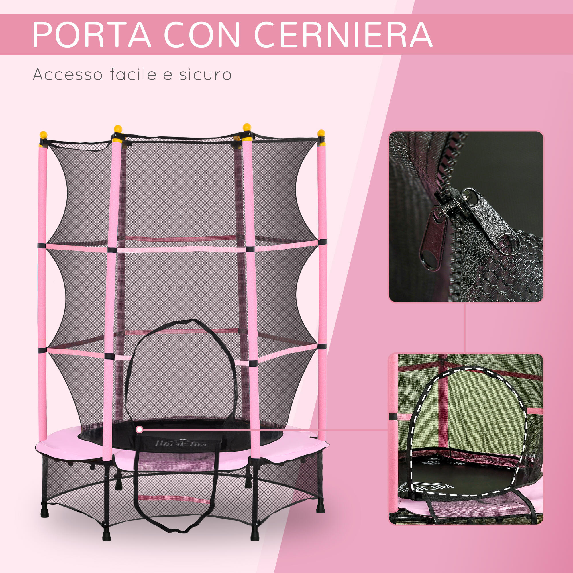 HOMCOM Tappeto Elastico per Bambini 3-10 Anni con Rete di Sicurezza Ø140 cm Rosa 4/7