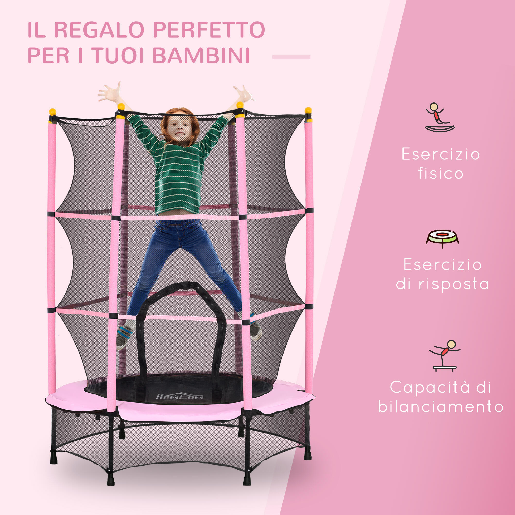 HOMCOM Tappeto Elastico per Bambini 3-10 Anni con Rete di Sicurezza Ø140 cm Rosa 7/7