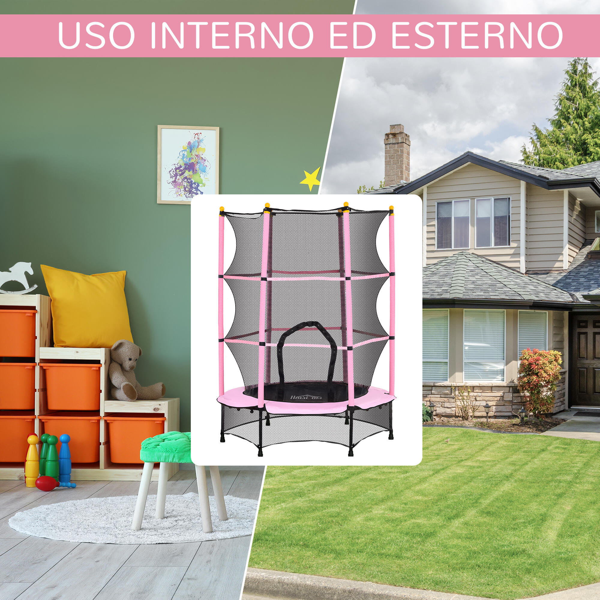 HOMCOM Tappeto Elastico per Bambini 3-10 Anni con Rete di Sicurezza Ø140 cm Rosa 5/7