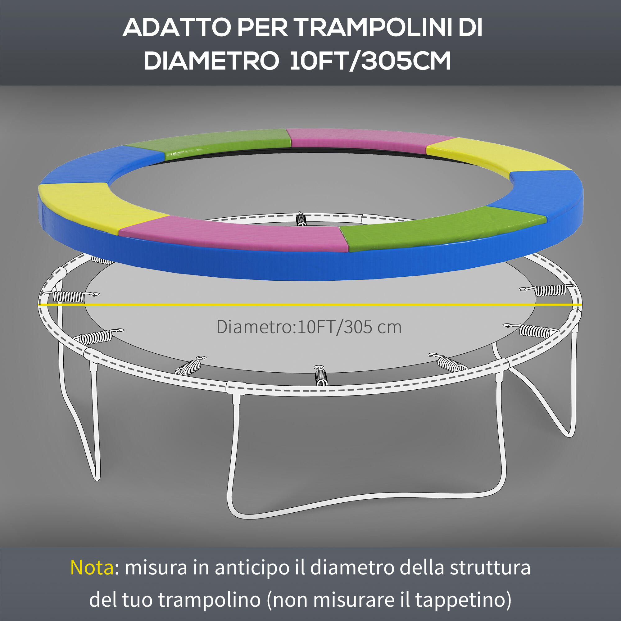 SPORTNOW Copertura Tappeto Elastico Ø305x30 cm Pieghevole Portatile Multicolore 4/7