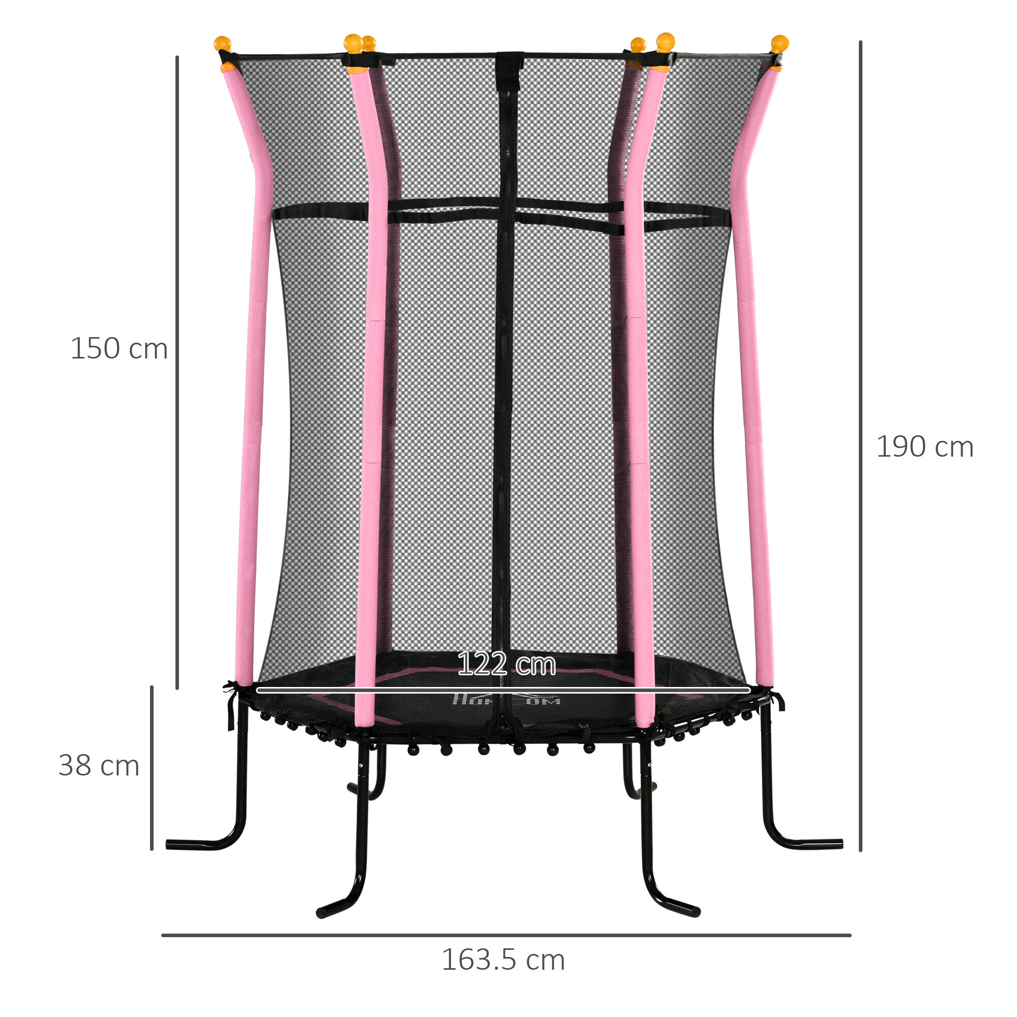 HOMCOM Tappeto Elastico per Bambini con Ingresso a Zip e Pali Imbottiti Rosa 3/7