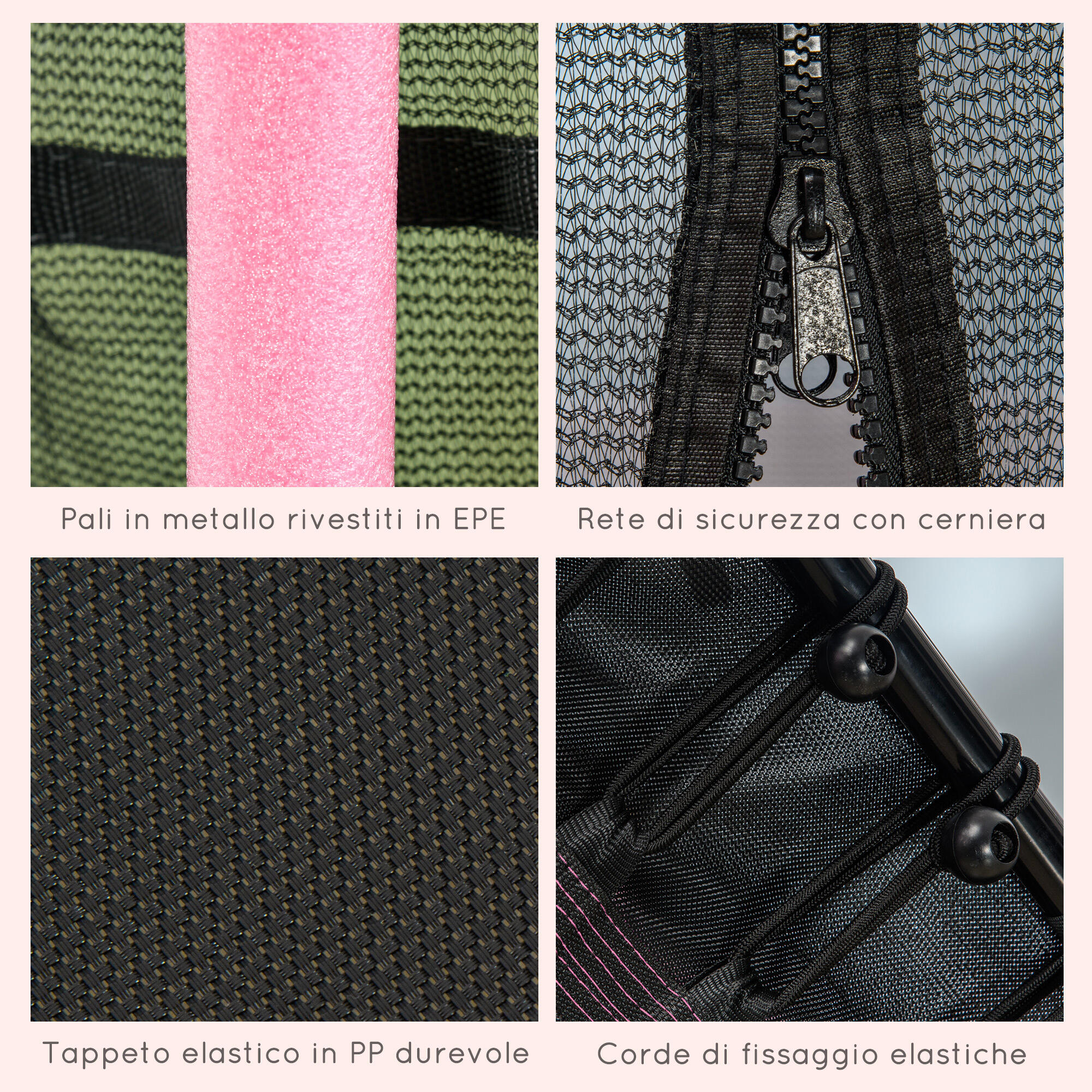 HOMCOM Tappeto Elastico per Bambini con Ingresso a Zip e Pali Imbottiti Rosa 6/7