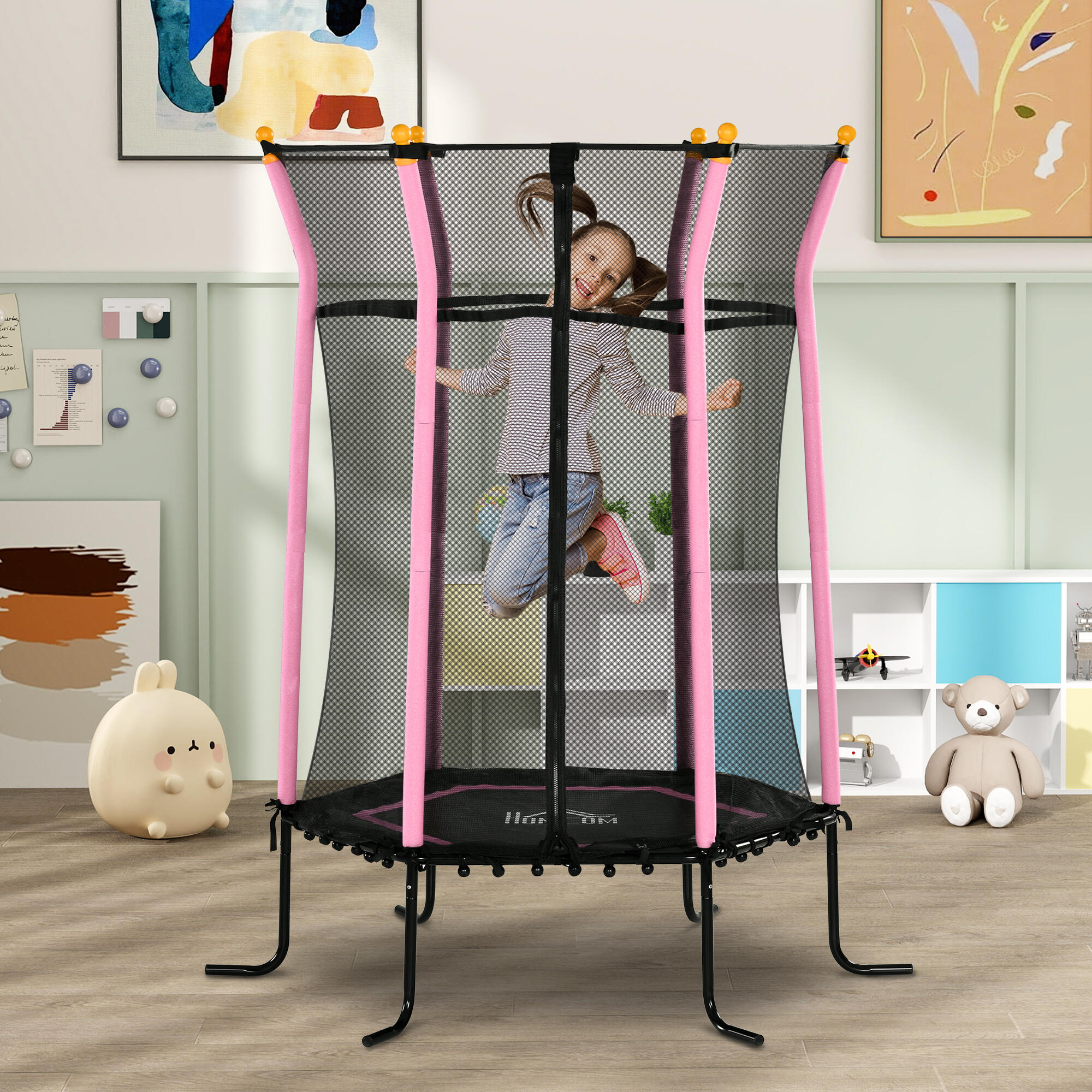 HOMCOM Tappeto Elastico per Bambini con Ingresso a Zip e Pali Imbottiti Rosa 2/7