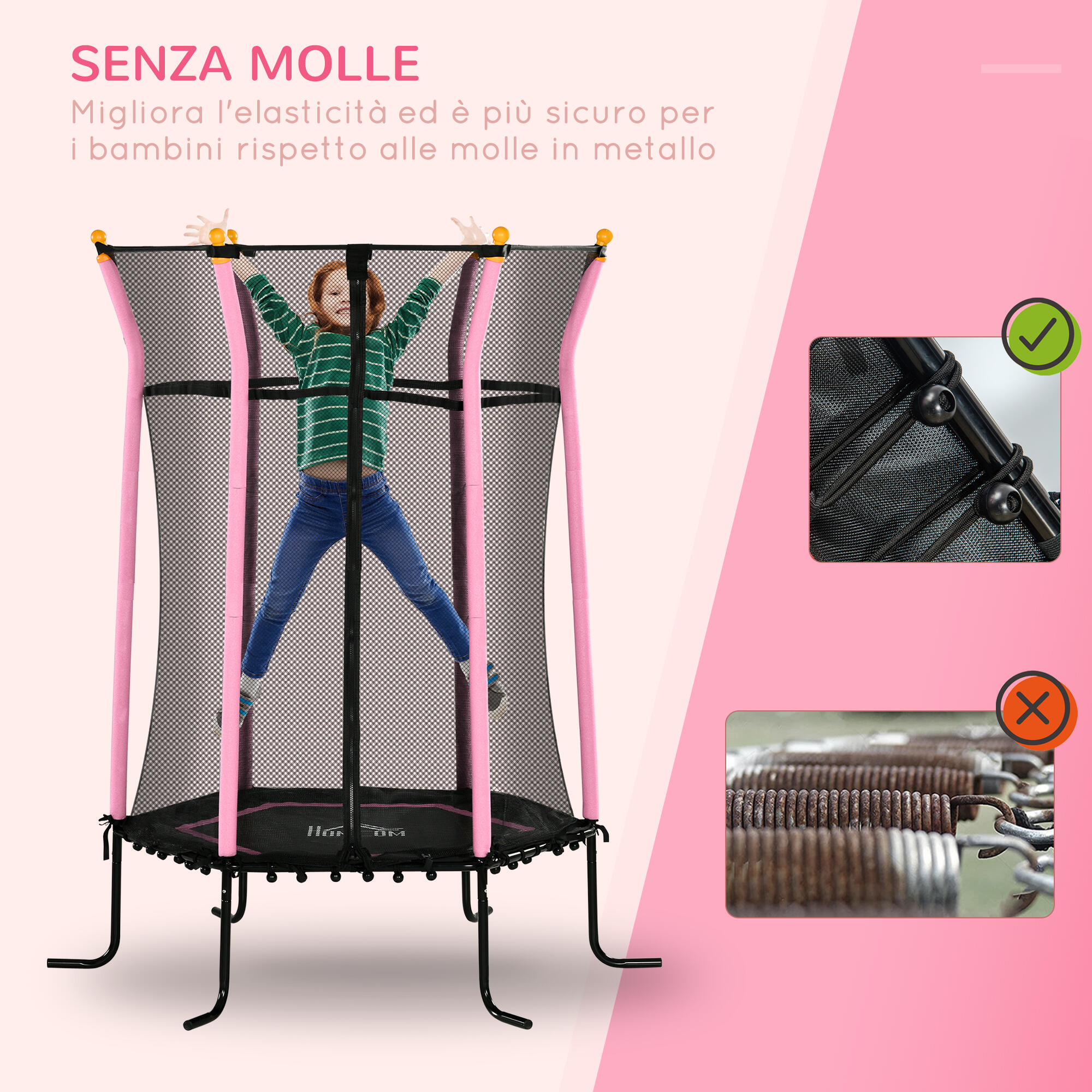 HOMCOM Tappeto Elastico per Bambini con Ingresso a Zip e Pali Imbottiti Rosa 4/7
