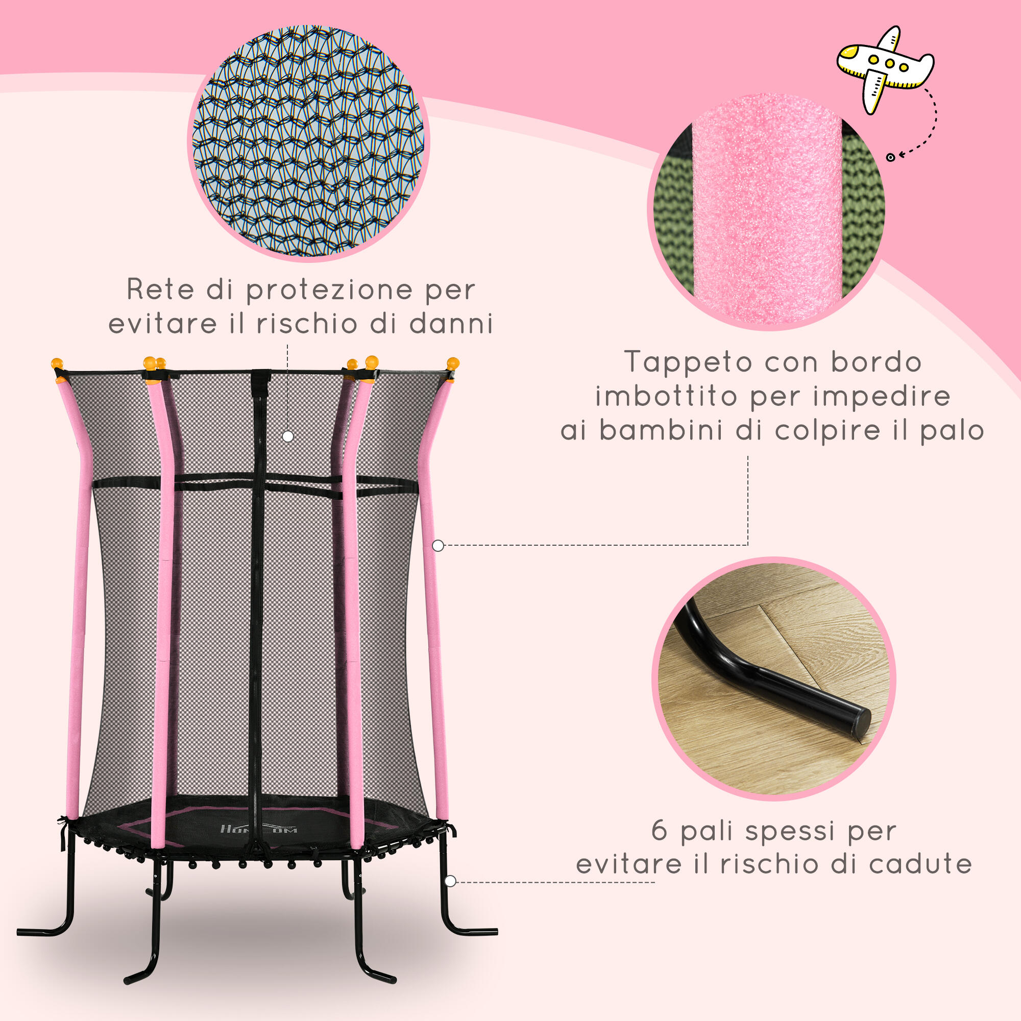 HOMCOM Tappeto Elastico per Bambini con Ingresso a Zip e Pali Imbottiti Rosa 5/7