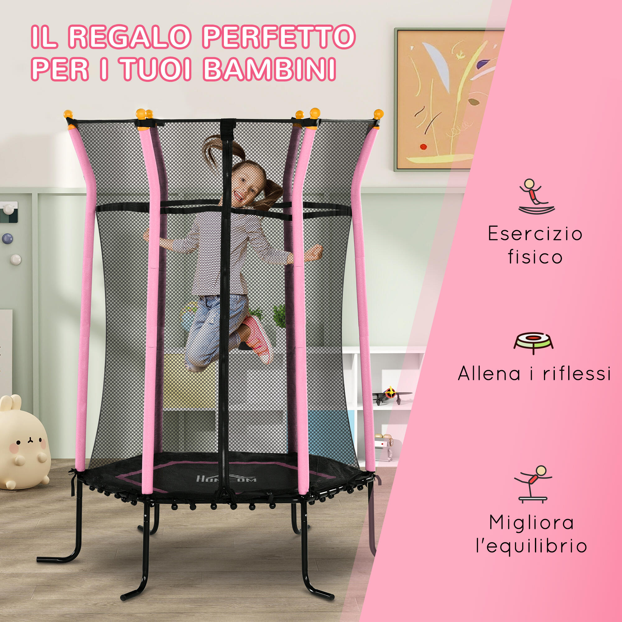 HOMCOM Tappeto Elastico per Bambini con Ingresso a Zip e Pali Imbottiti Rosa 7/7