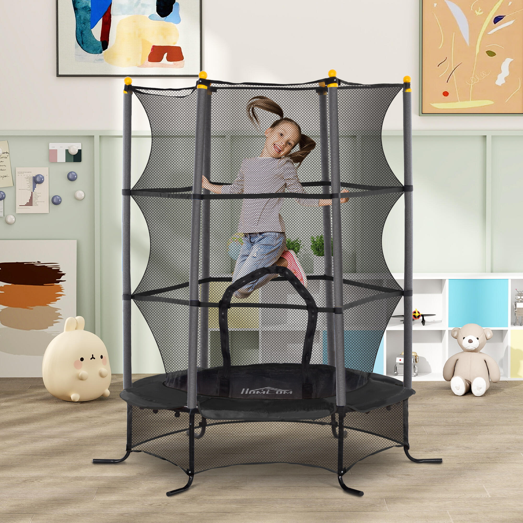 HOMCOM Trampolino Elastico Bambini 3-10 Anni Ø1.6x1.9m e Rete di Sicurezza Nero 2/7