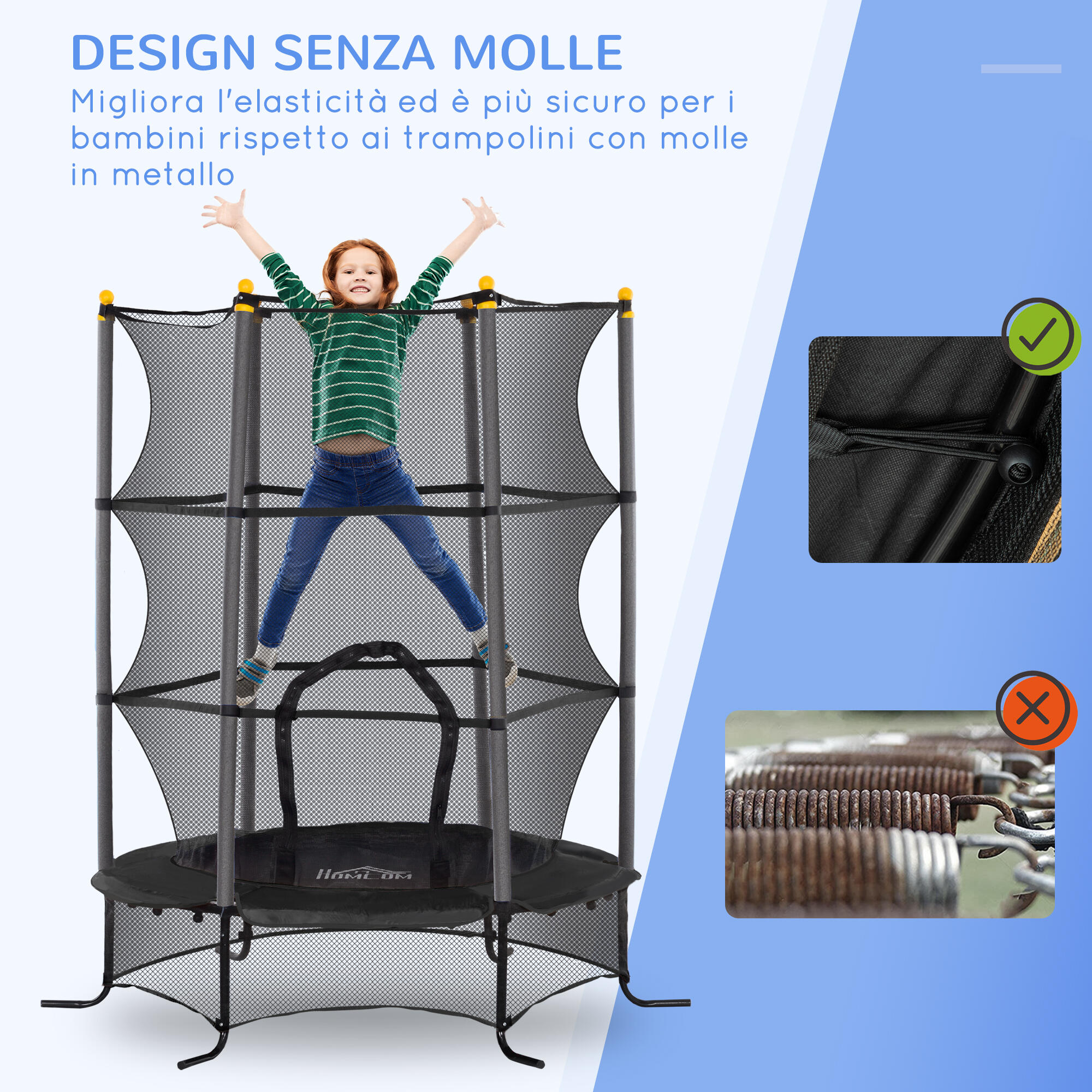 HOMCOM Trampolino Elastico Bambini 3-10 Anni Ø1.6x1.9m e Rete di Sicurezza Nero 4/7