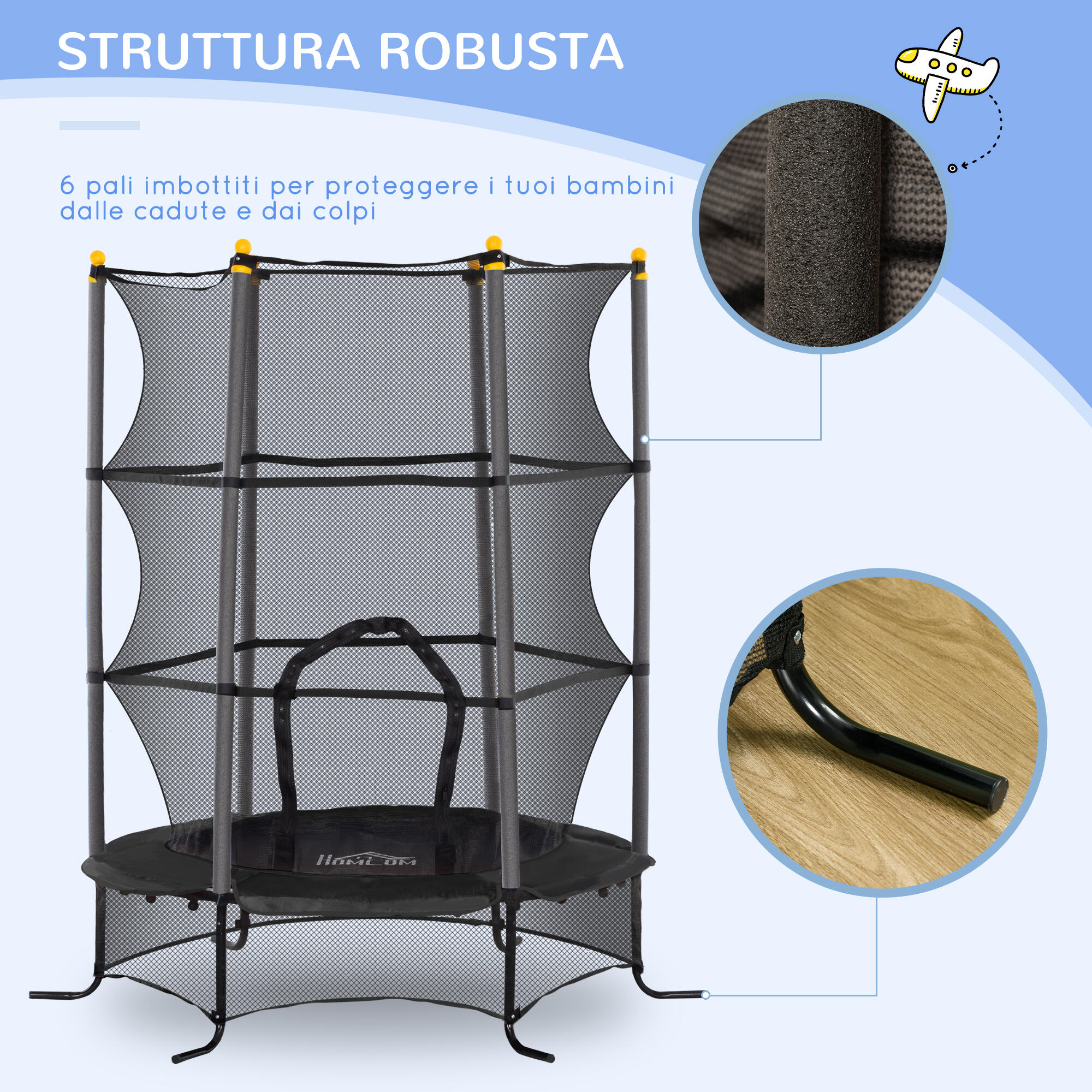 HOMCOM Trampolino Elastico Bambini 3-10 Anni Ø1.6x1.9m e Rete di Sicurezza Nero 5/7