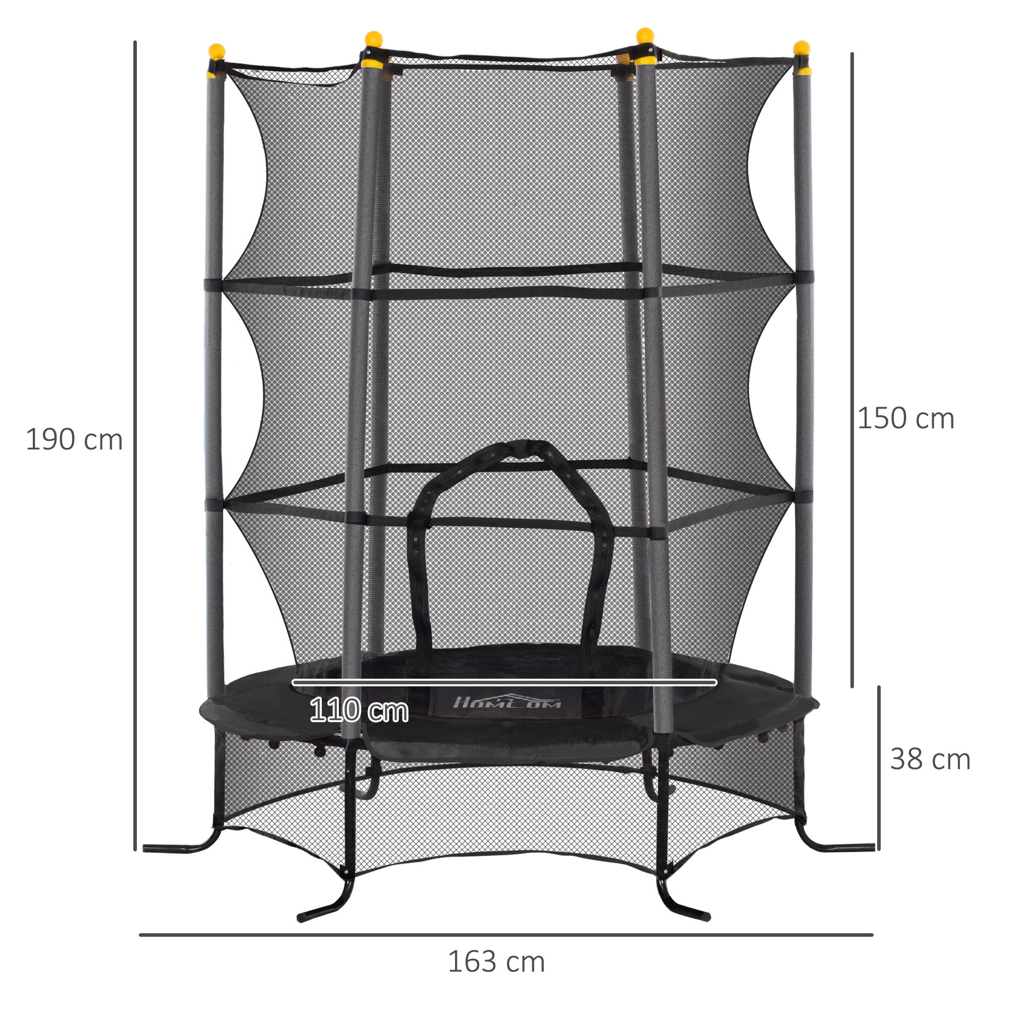 HOMCOM Trampolino Elastico Bambini 3-10 Anni Ø1.6x1.9m e Rete di Sicurezza Nero 3/7