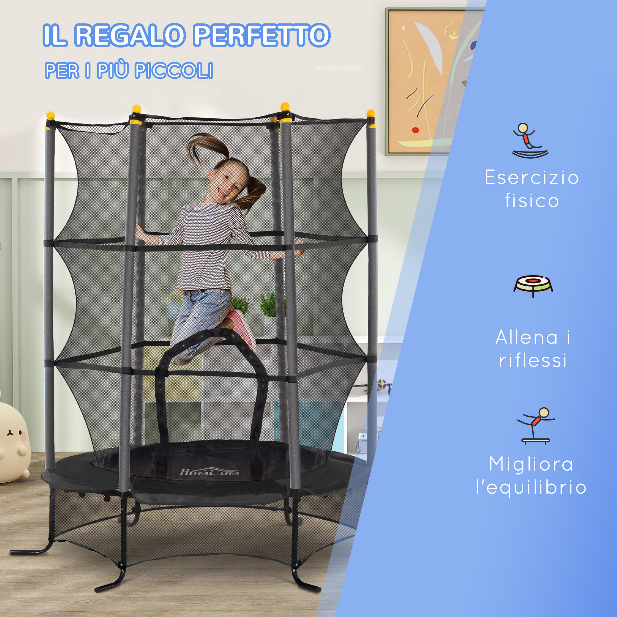 HOMCOM Trampolino Elastico Bambini 3-10 Anni Ø1.6x1.9m e Rete di Sicurezza Nero 7/7