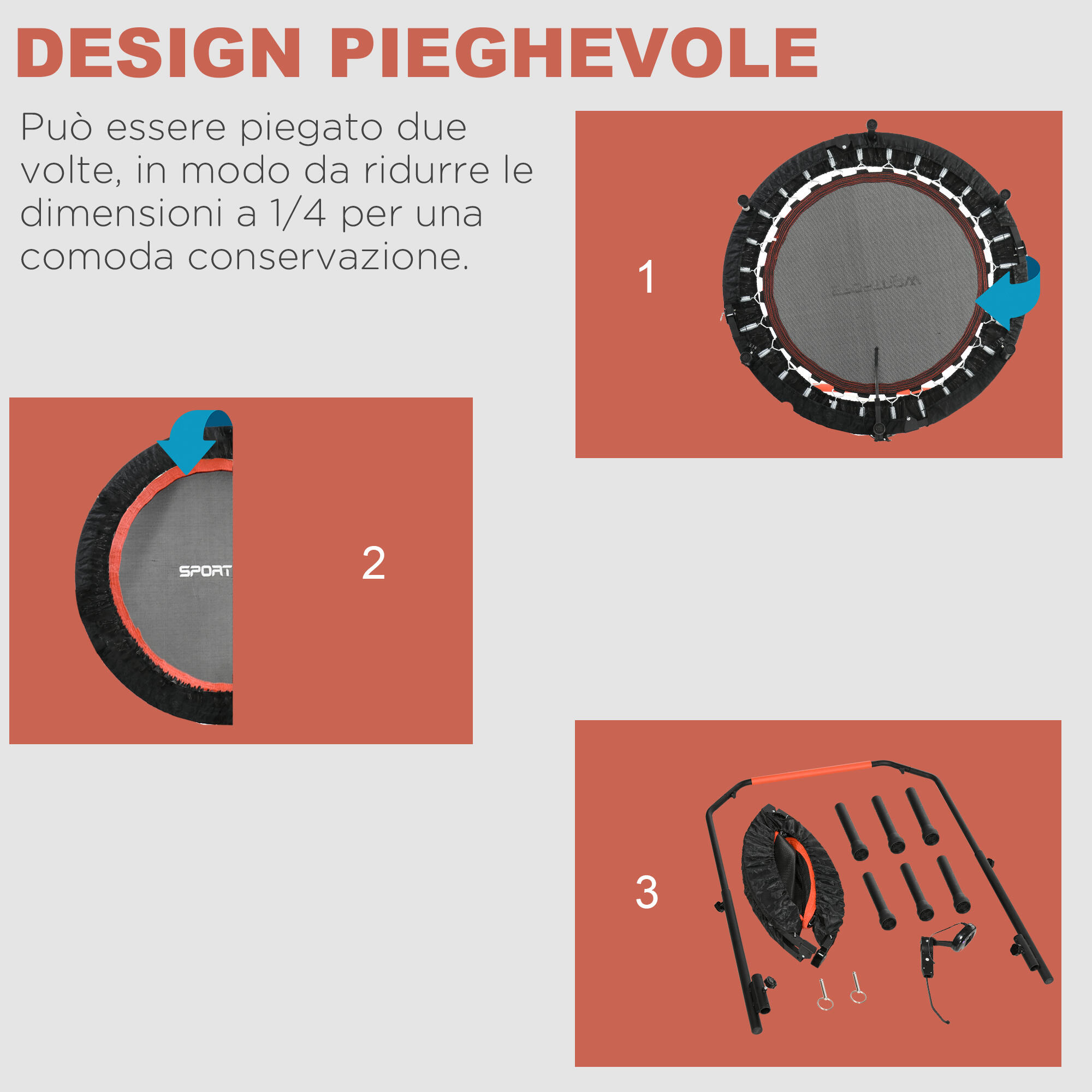 HOMCOM Mini Trampolino Fitness Ø102 cm Pieghevole con Manubrio Regolabile Nero 5/7
