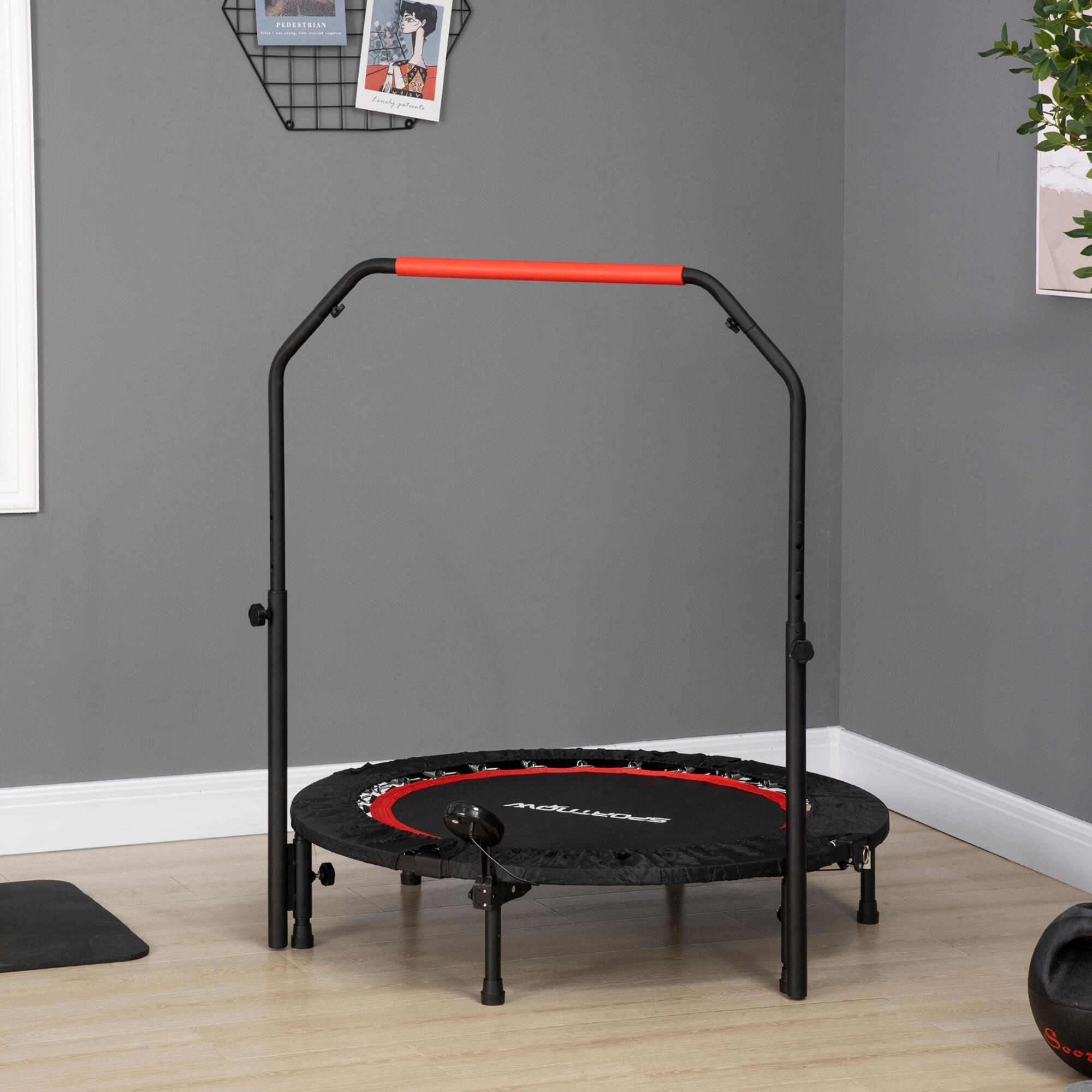 HOMCOM Mini Trampolino Fitness Ø102 cm Pieghevole con Manubrio Regolabile Nero 2/7