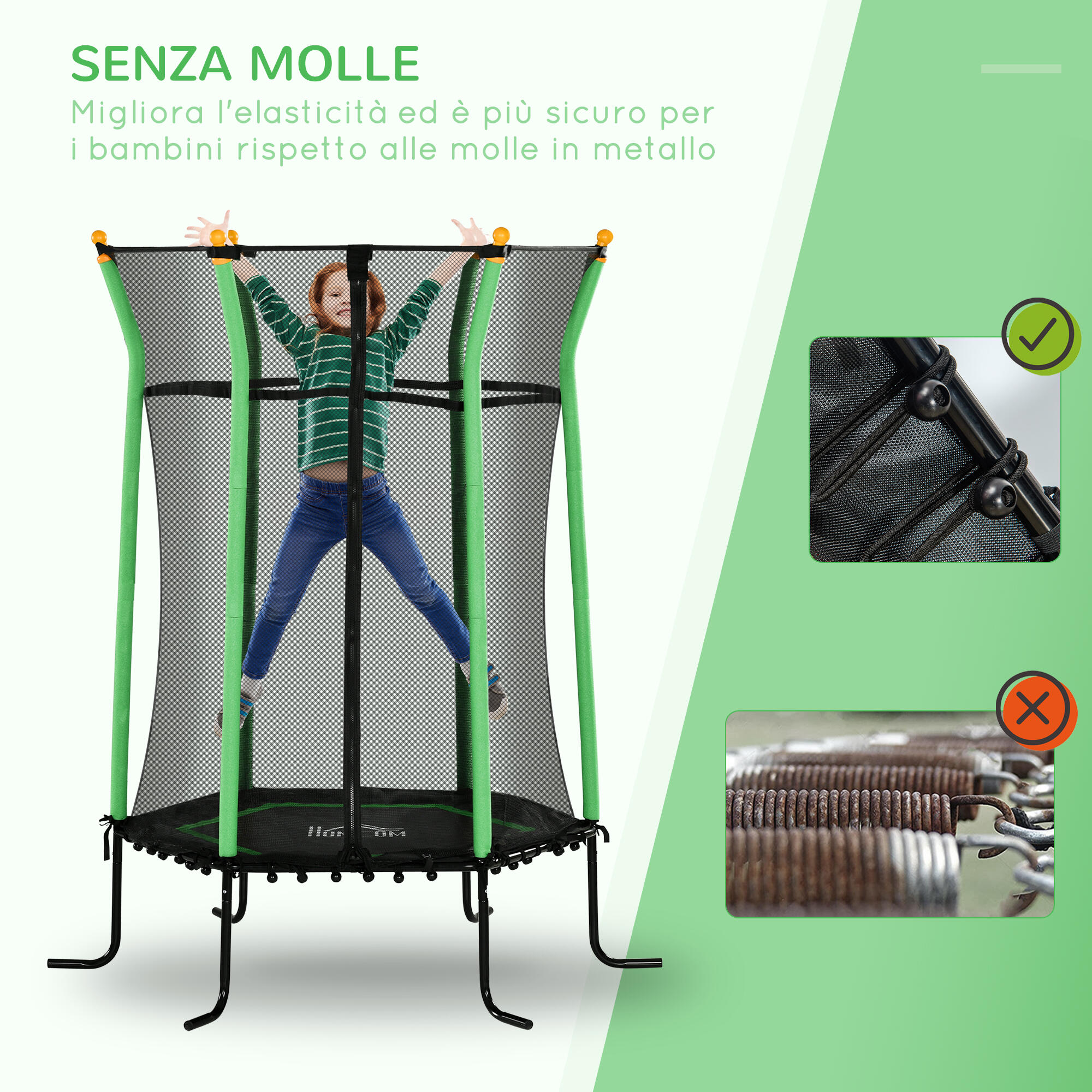 HOMCOM Tappeto Elastico per Bambini con Ingresso a Zip e Pali Imbottiti Verde 4/7