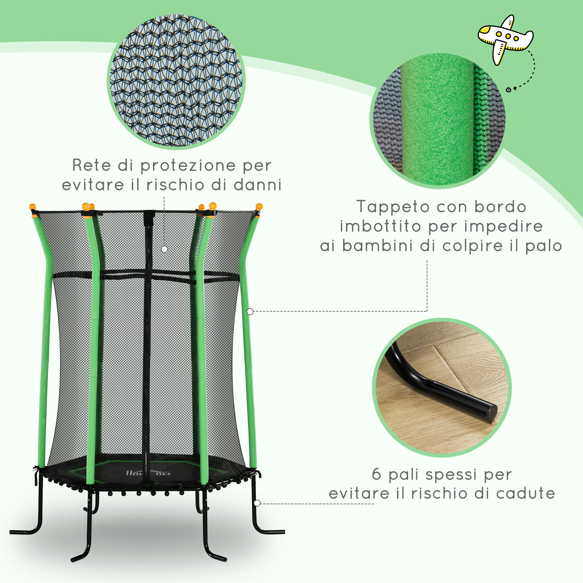 HOMCOM Tappeto Elastico per Bambini con Ingresso a Zip e Pali Imbottiti Verde 5/7