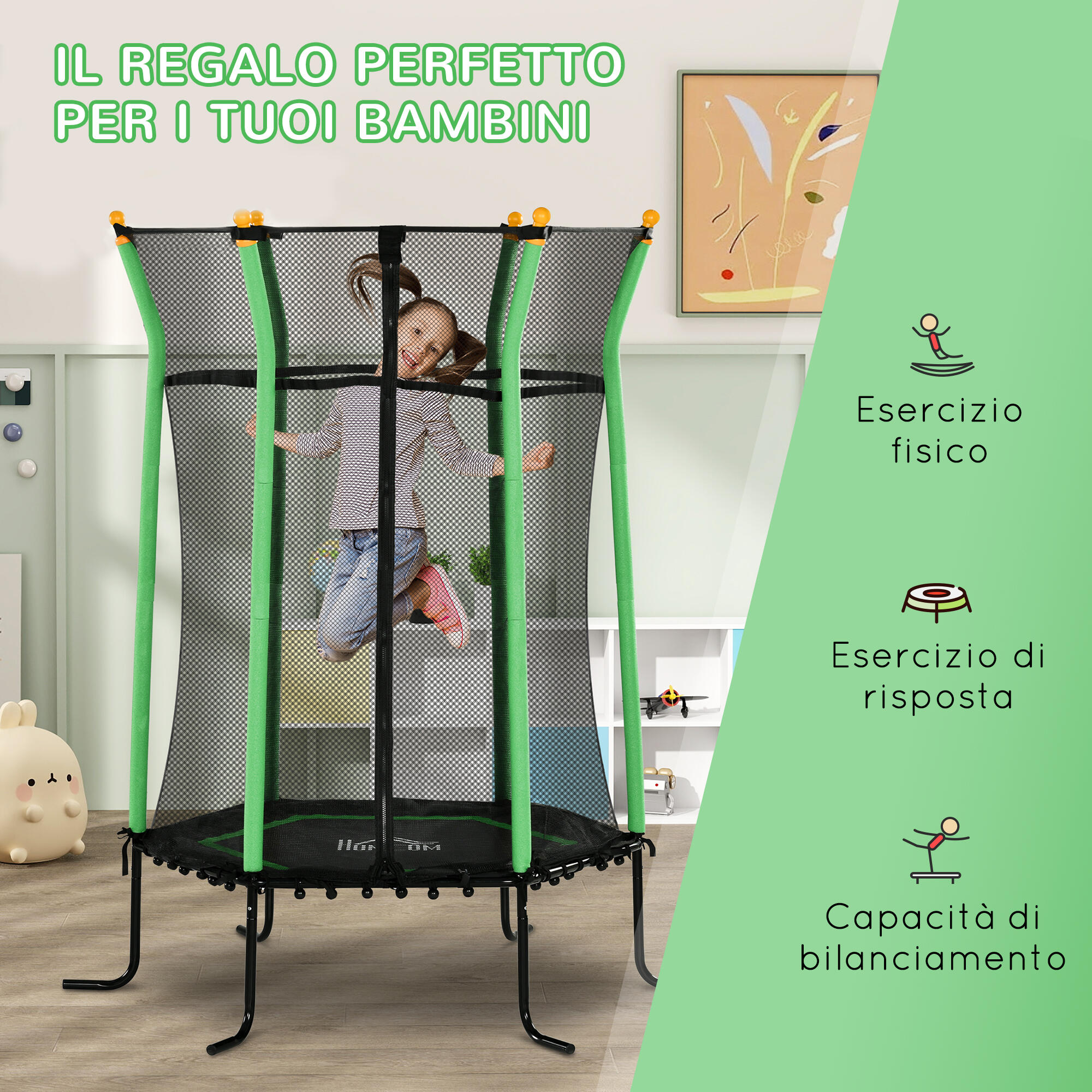 HOMCOM Tappeto Elastico per Bambini con Ingresso a Zip e Pali Imbottiti Verde 7/7