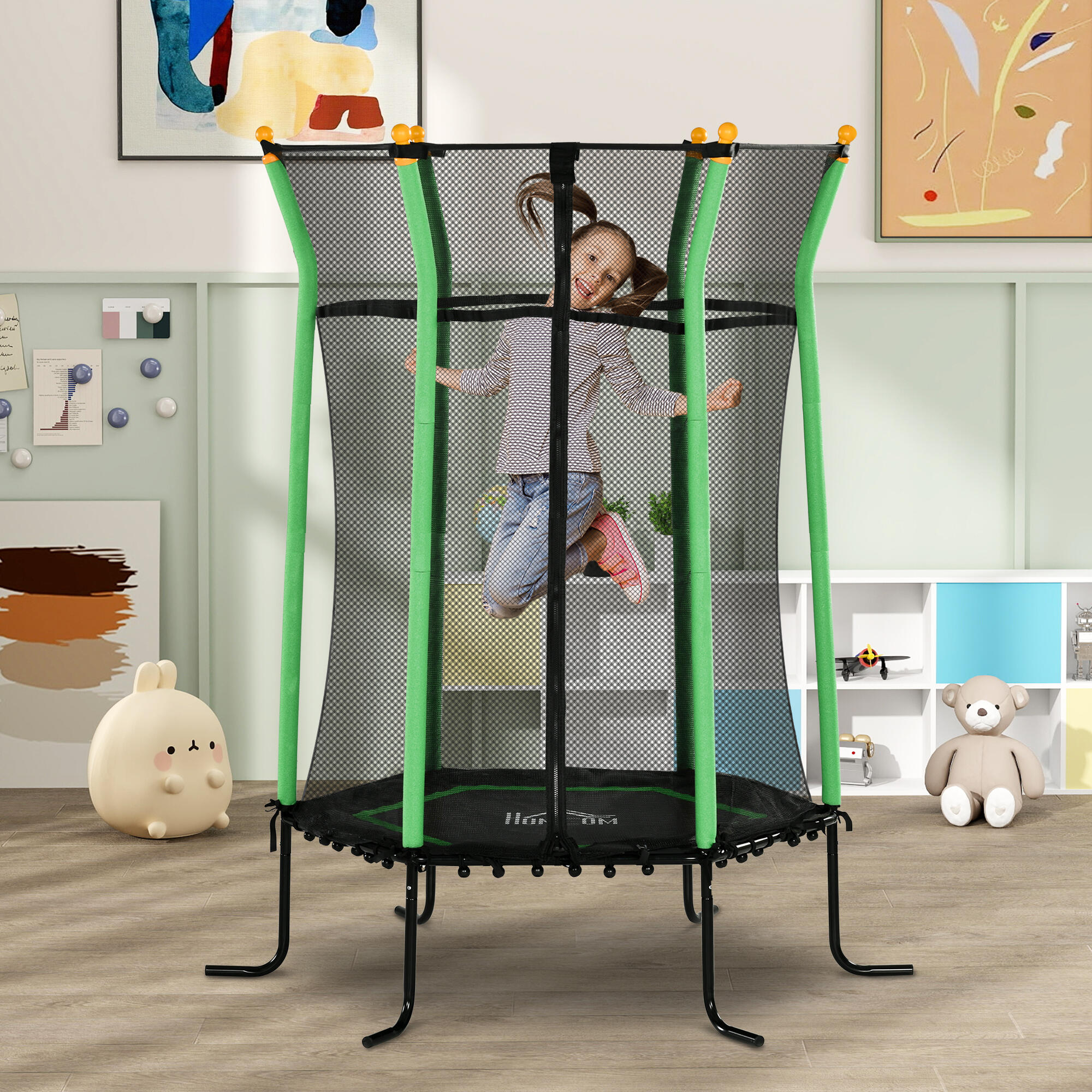 HOMCOM Tappeto Elastico per Bambini con Ingresso a Zip e Pali Imbottiti Verde 2/7