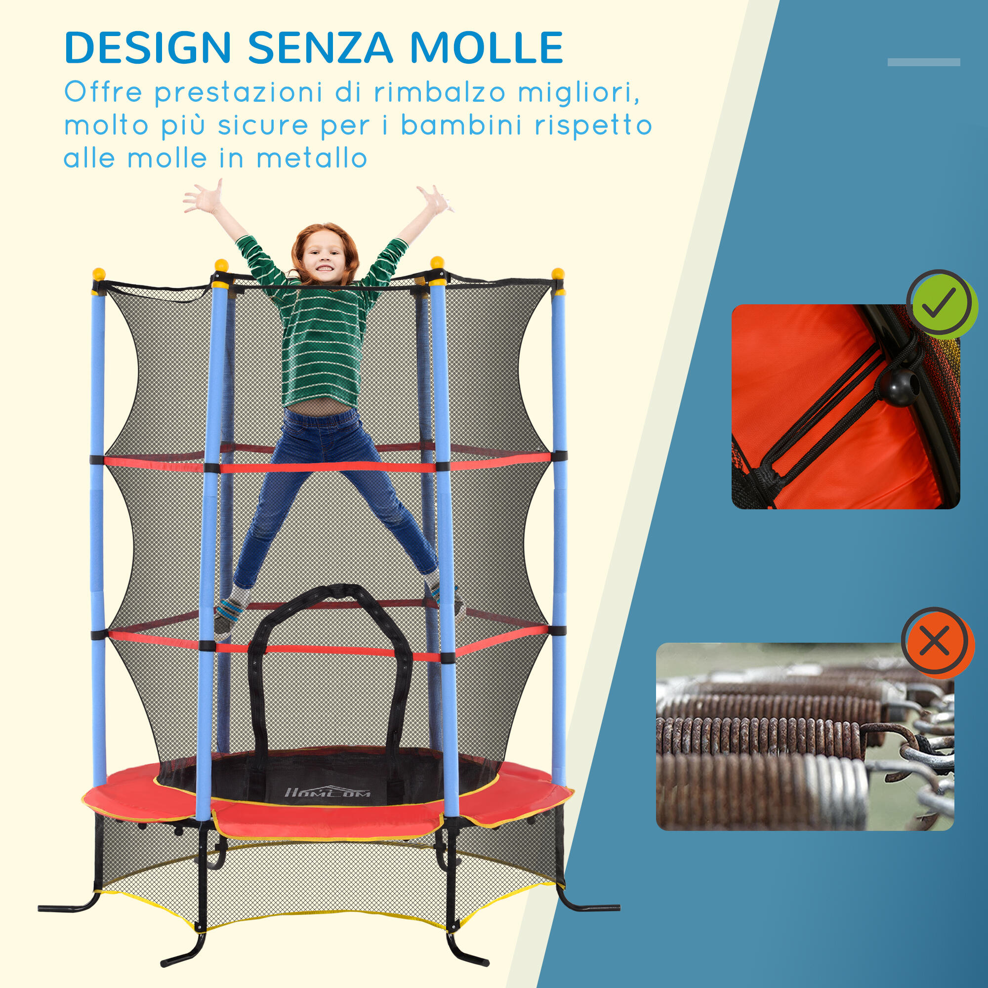 HOMCOM Trampolino per Bambini 3-10 Anni Rete di Sicurezza e Pali Imbottiti Blu 4/7