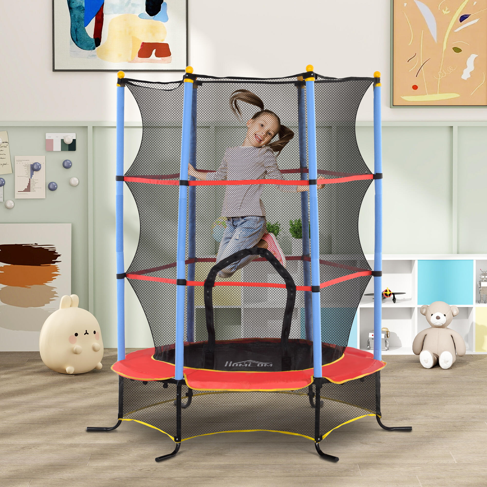 HOMCOM Trampolino per Bambini 3-10 Anni Rete di Sicurezza e Pali Imbottiti Blu 2/7