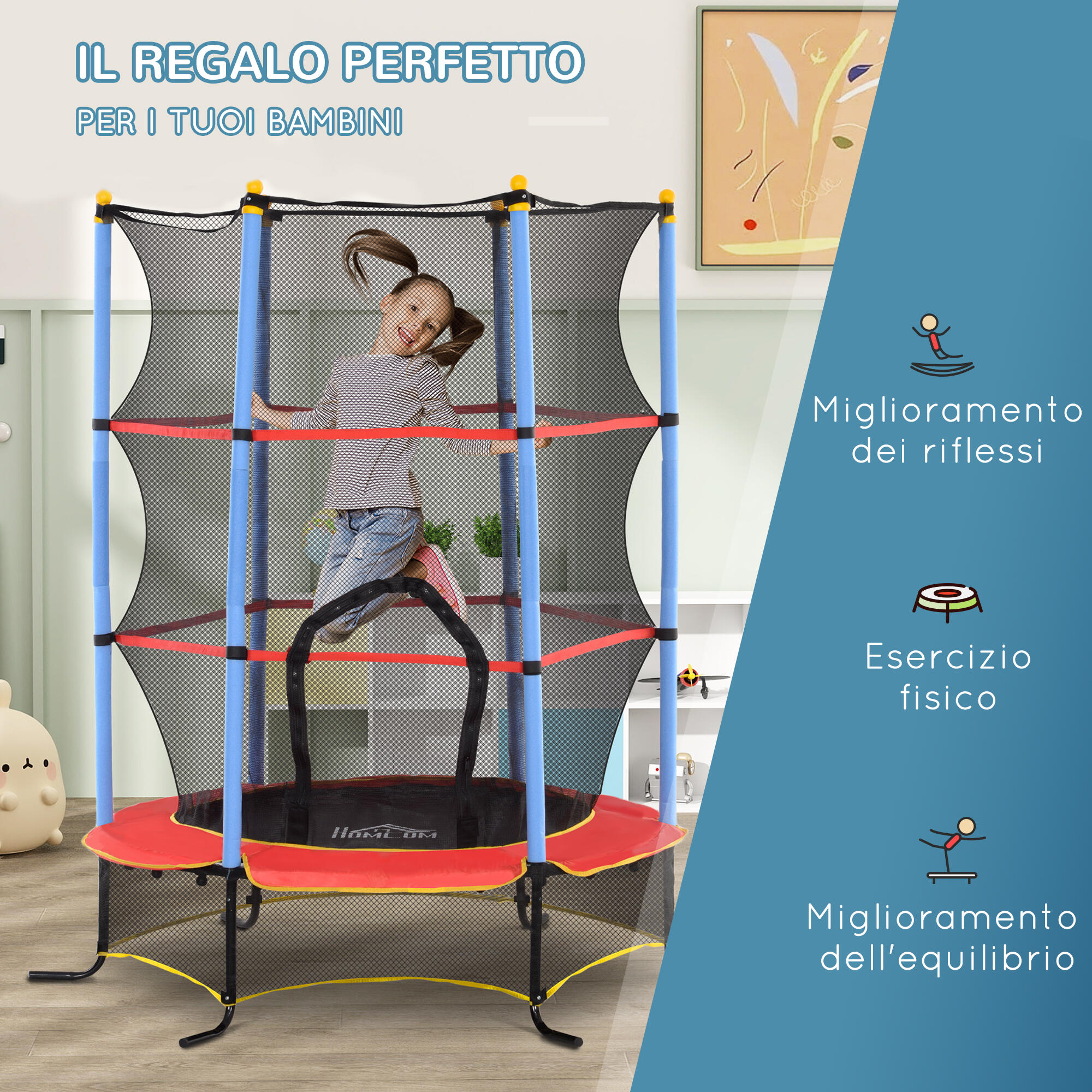HOMCOM Trampolino per Bambini 3-10 Anni Rete di Sicurezza e Pali Imbottiti Blu 7/7