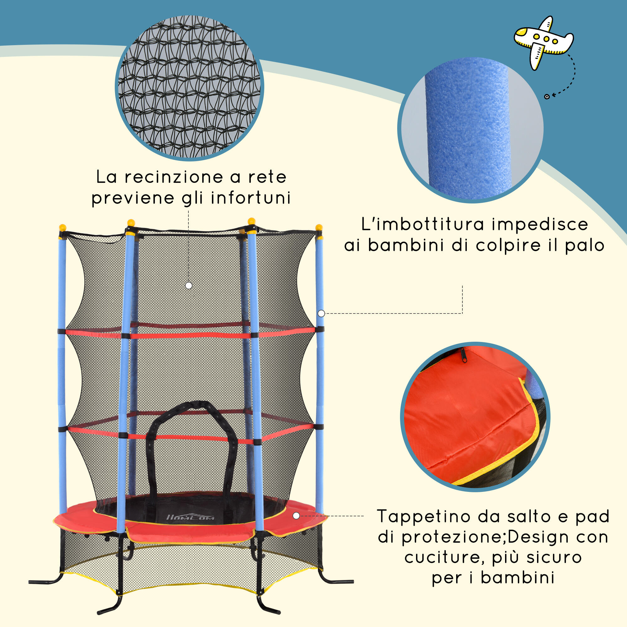 HOMCOM Trampolino per Bambini 3-10 Anni Rete di Sicurezza e Pali Imbottiti Blu 5/7