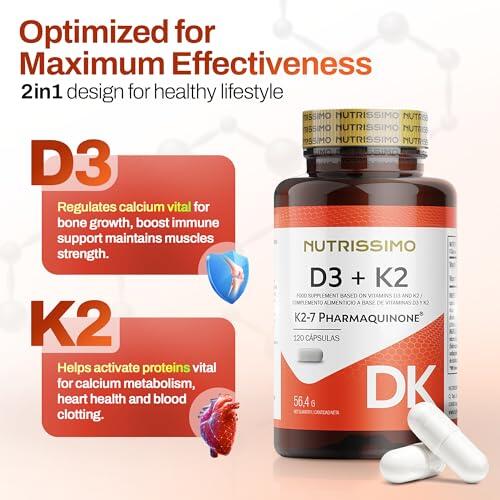 Vitamina D3yK2 Fortalecer Huesos Absorción de Calcio Apoya Sistema Inmunológico 2/6