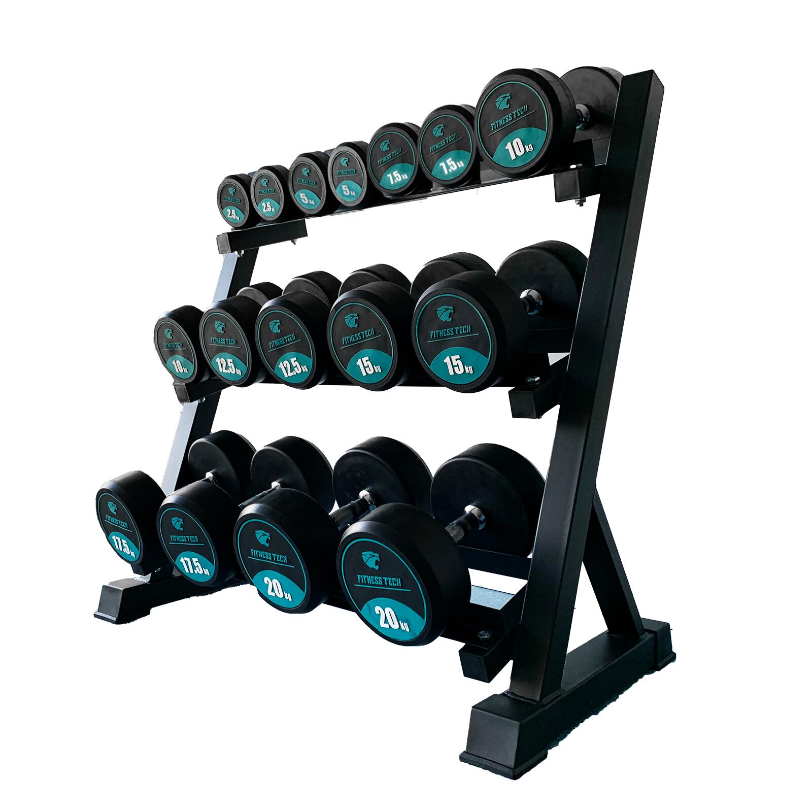 Conjunto de 8 pares de halteres redondos 2,5kg a 20kg com suporte fitness tech