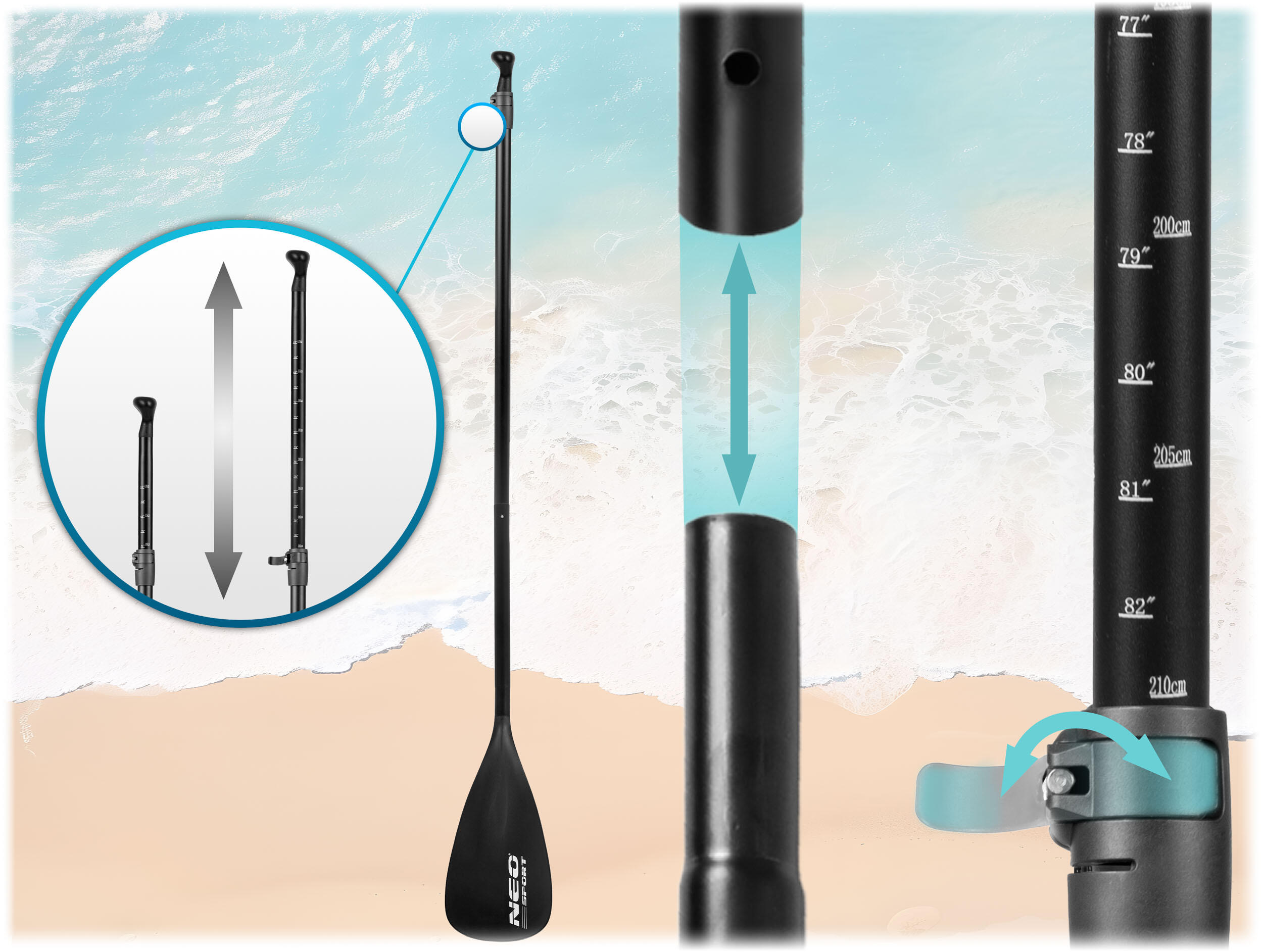 Składane wiosło do deski SUP kajakowe regulowane czteroczęściowe 230cm Neo-Sport 3/7