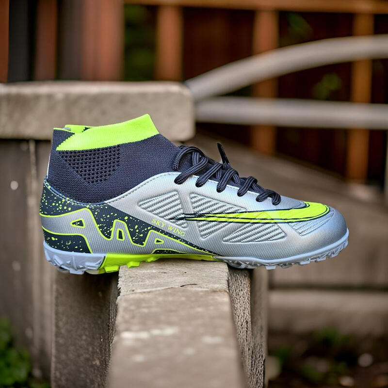 Ghete fotbal copii Sky Wing 9838 cu glezna cusute pentru sintetic argintiu 33
