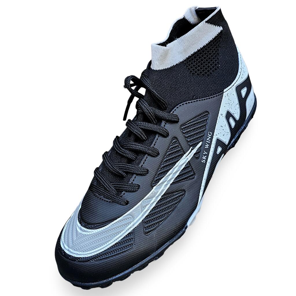 Ghete fotbal copii Sky Wing 9838 cu glezna cusute pentru teren sintetic negru 36