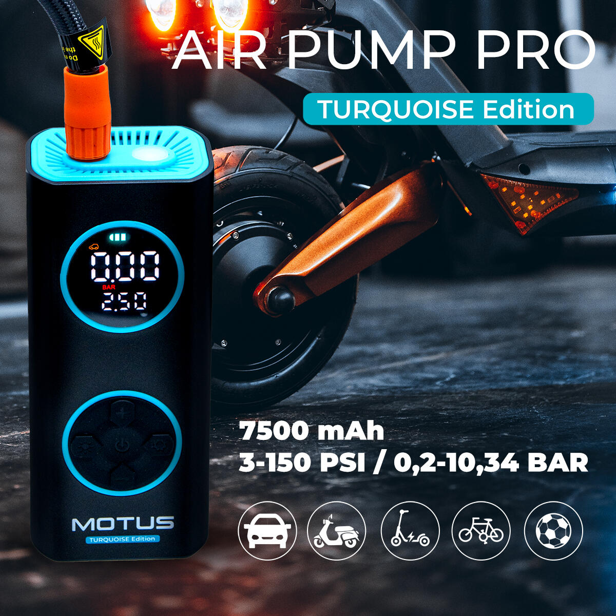 Pompe électrique Motus AirPump Pro Turquoise Edition 96W 7500 mAh Manomètre 6/8