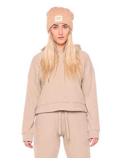 Sweat-shirt crop femme hiver côtelé à capuche "Relaxed