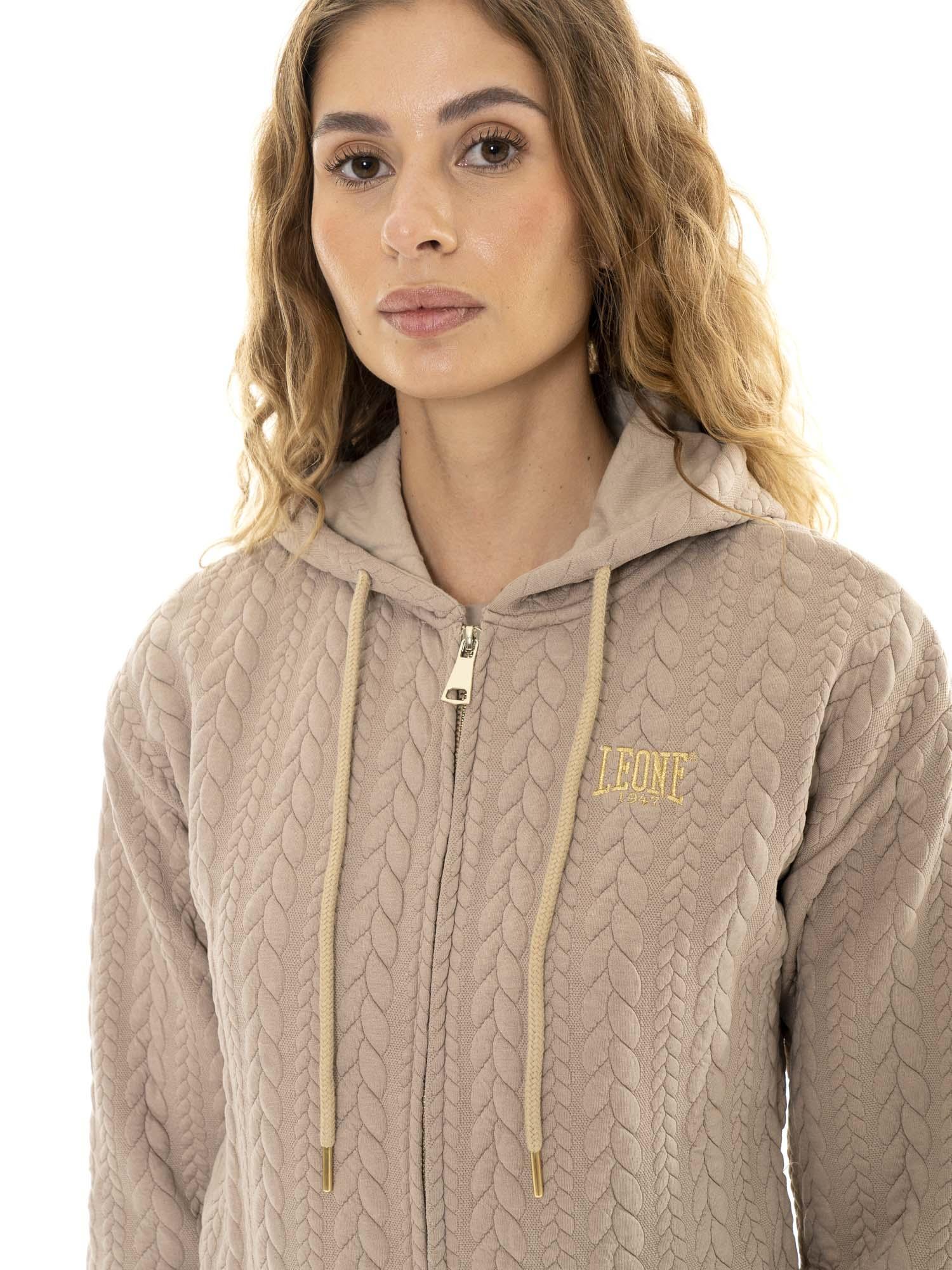 Moletom feminino de inverno "Relaxed" com zíper e capuz de tricô. 3/7