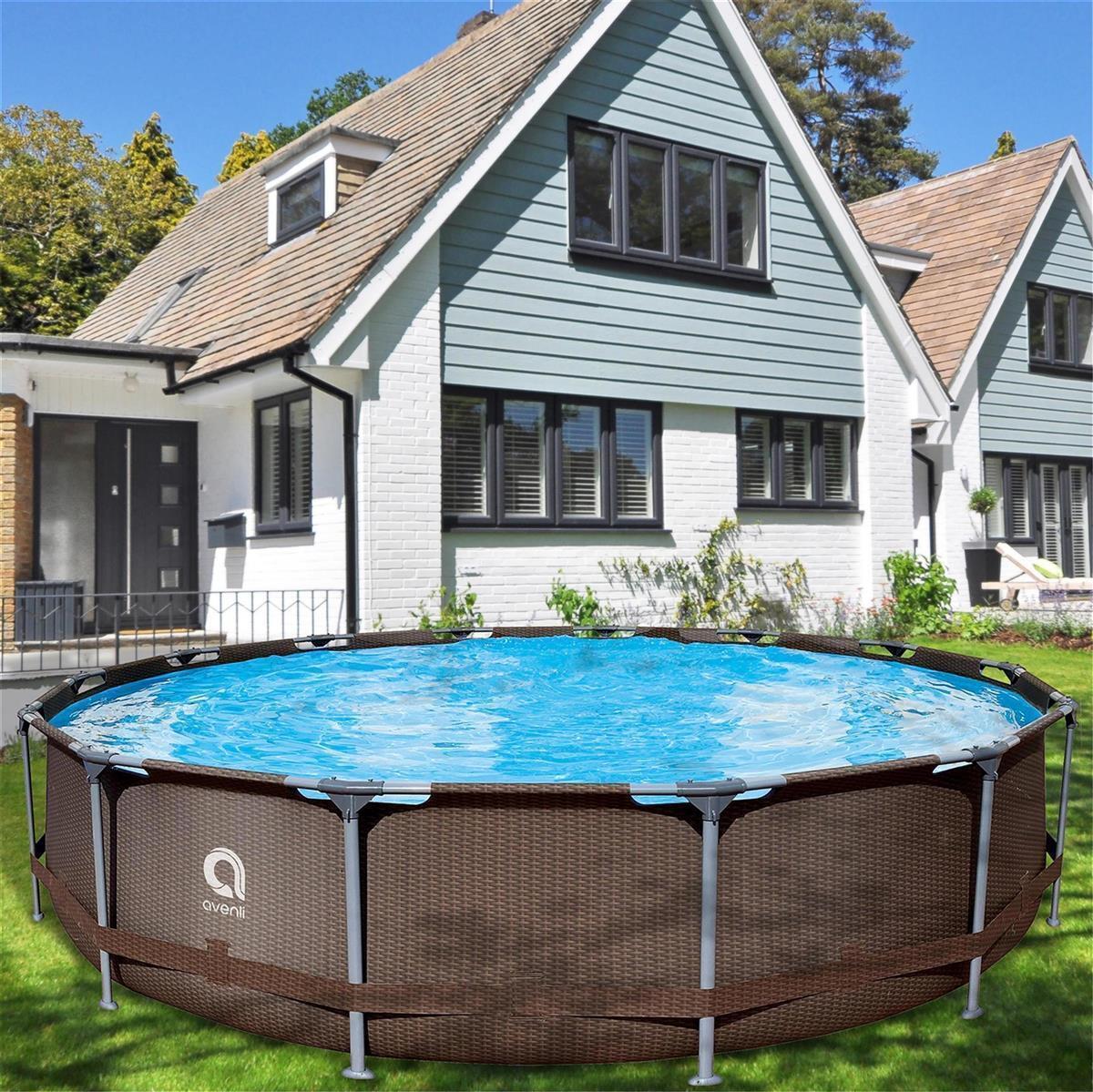 Frame Pool Komplettset rund 427x84 cm braune Rattanoptik mit Filterpumpe 2/7