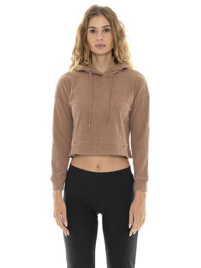 Sweat-shirt crop femme hiver côtelé à capuche "Relaxed