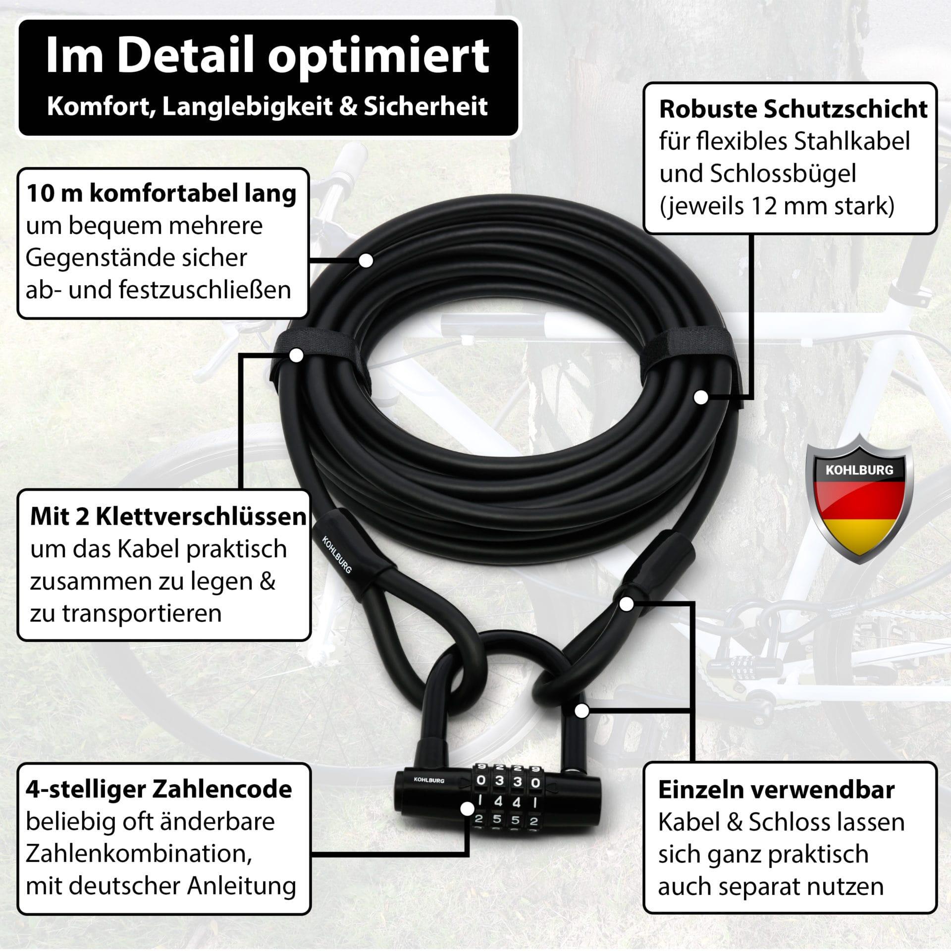 Kabelschloss 10 Meter lang mit Zahlenkombination • 10m Zahlenschloss 3/7