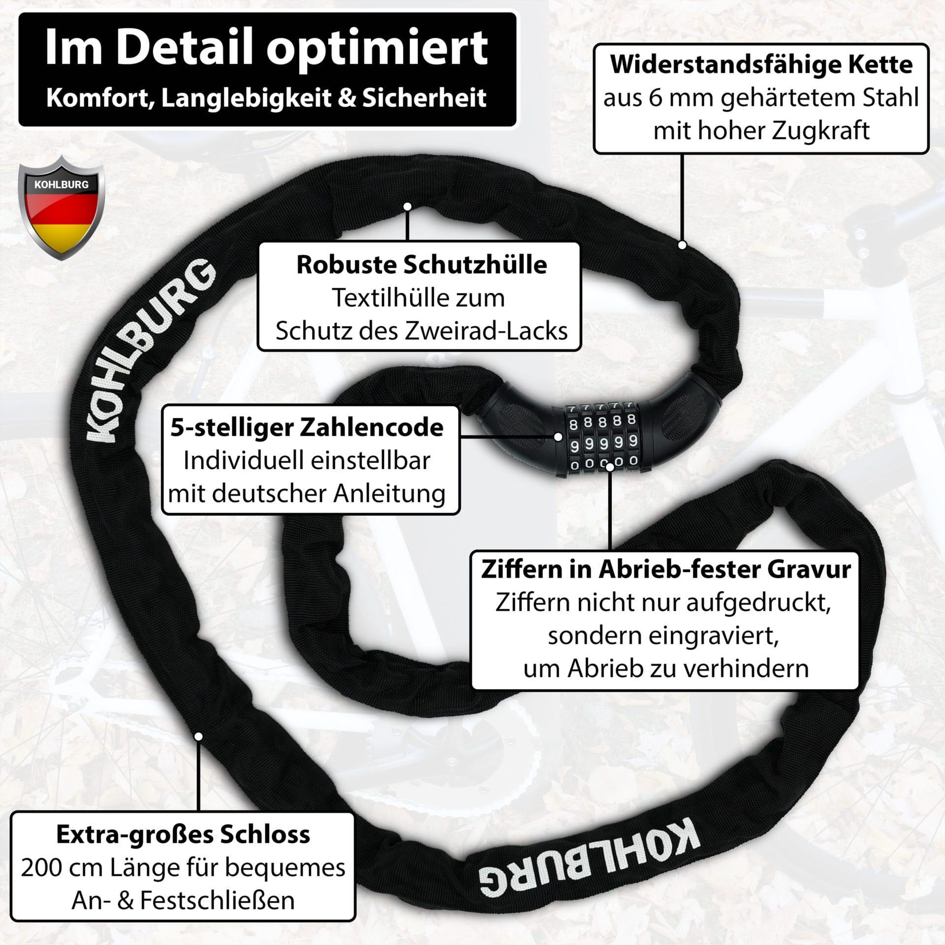 Zahlenschloss 200 cm lang - Kettenschloss aus 6mm Spezialstahl mit Zahlencode 4/7