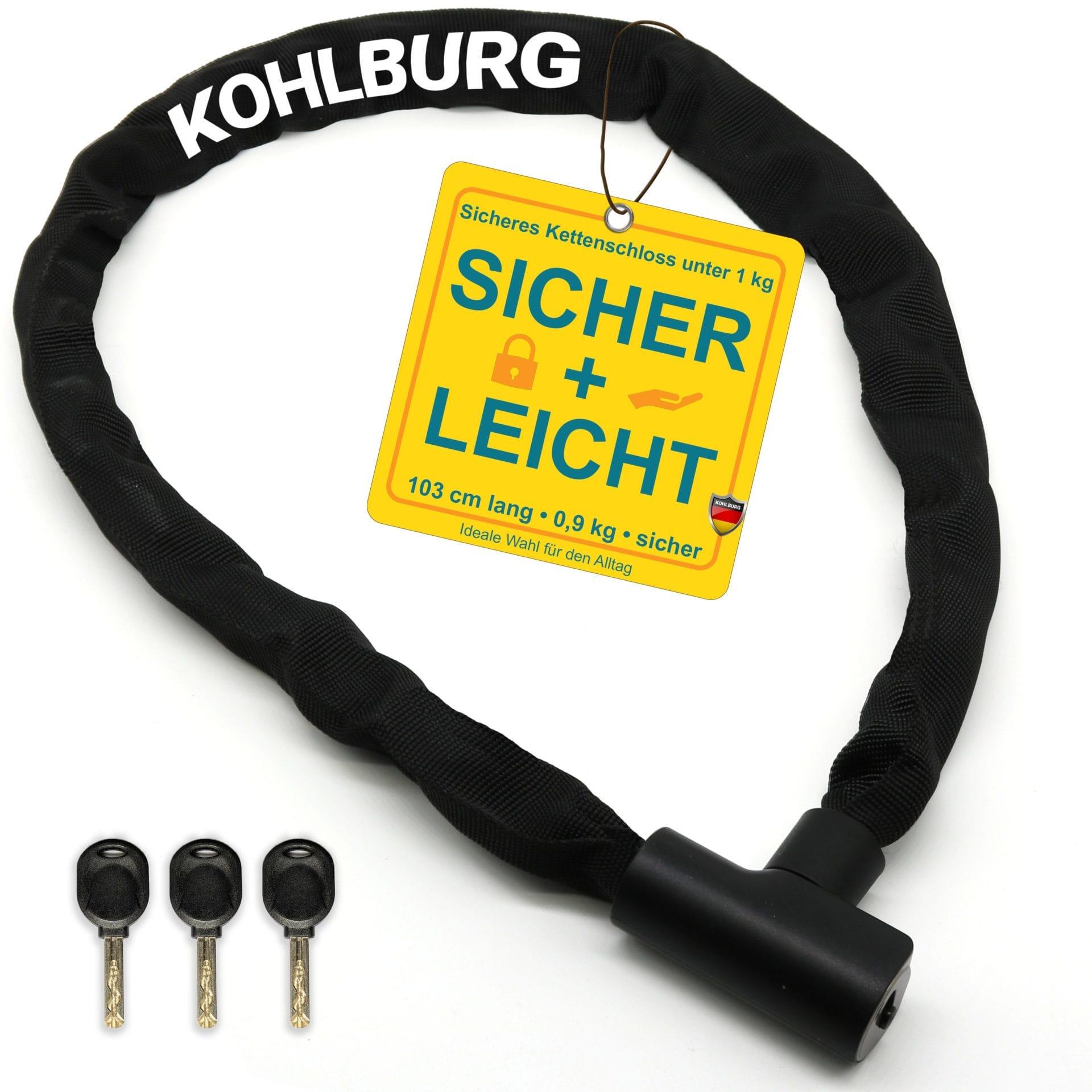 KOHLBURG Fahrrad Kettenschloss [103cm lang, 6mm starke Titan-Stahl Kette, zuklickbar]