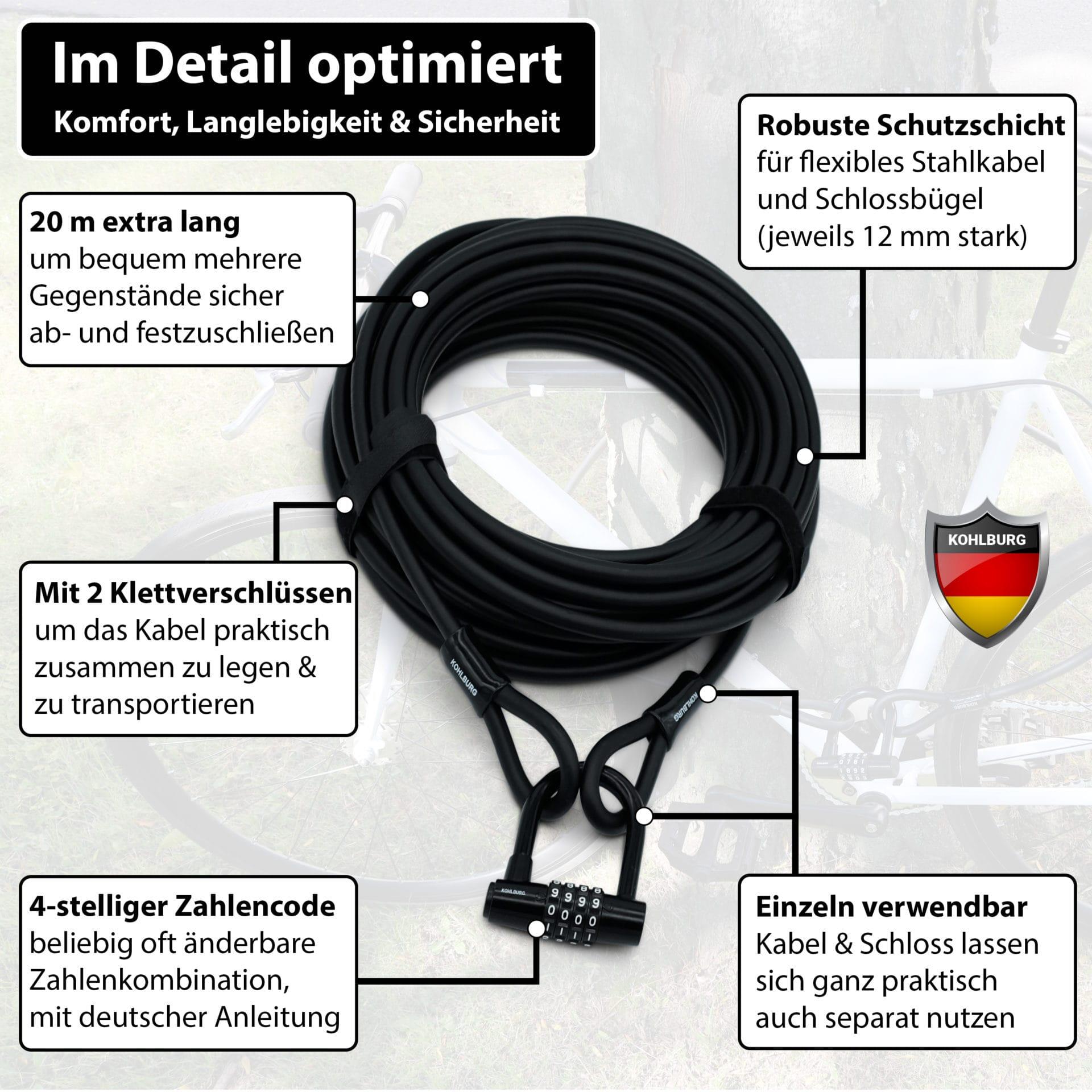 Kabelschloss 20 Meter lang mit Zahlenkombination • 20m Zahlenschloss 3/7