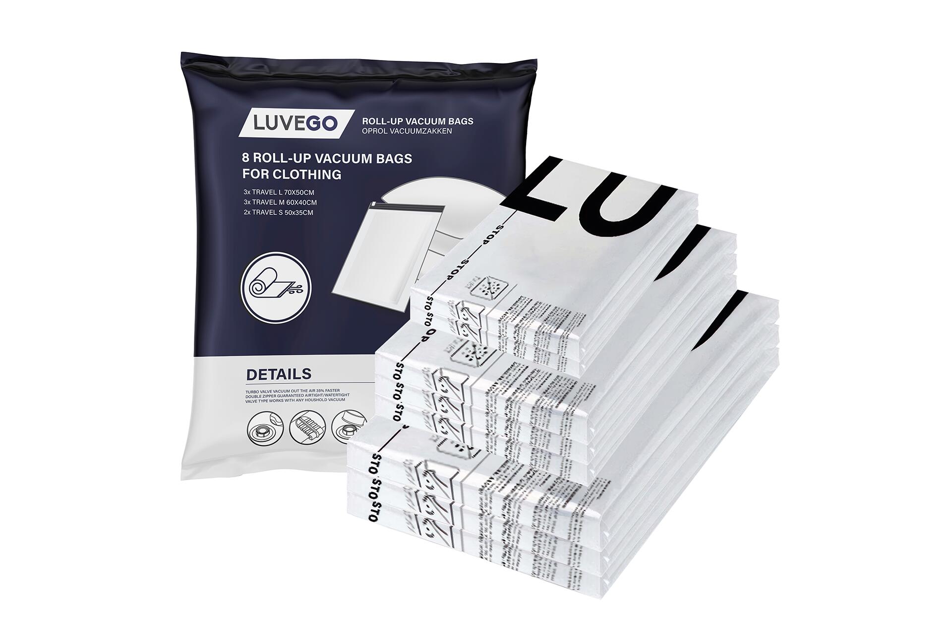 LUVEGO Vacuumzakken voor op Reis - Vacuumzakken voor Kleding - Roll-Up - 8 Vacuüm