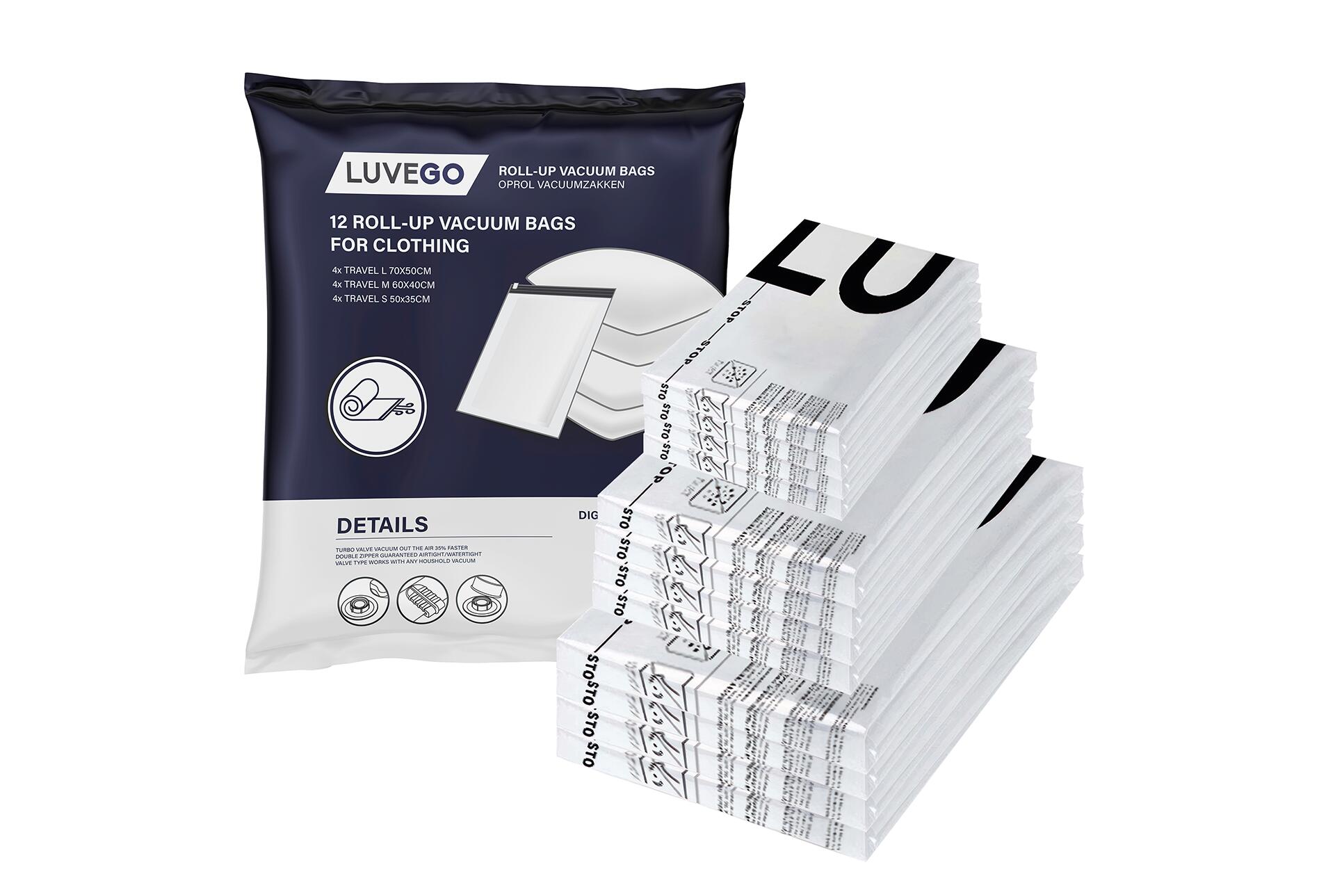 LUVEGO Vacuumzakken voor op Reis - Vacuumzakken voor Kleding - Roll-Up - 12 Vacuüm