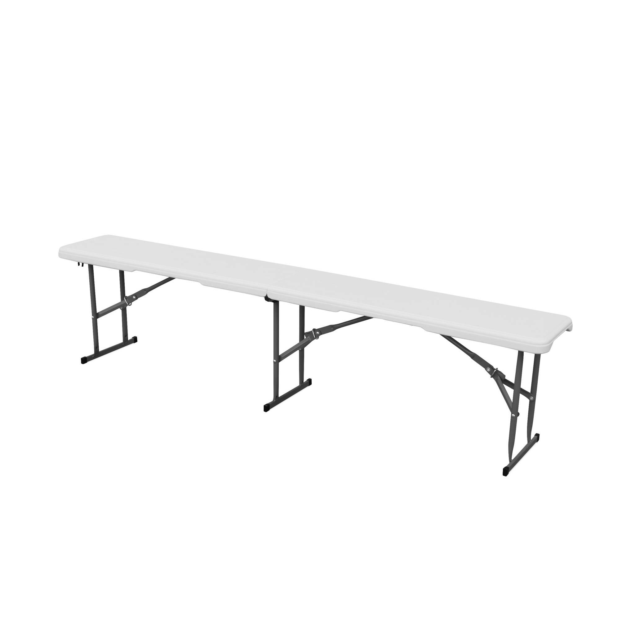 2er-Set weiße Partytische 180 cm mit je 2 Bänken klappbar aus Stahl und 4/5