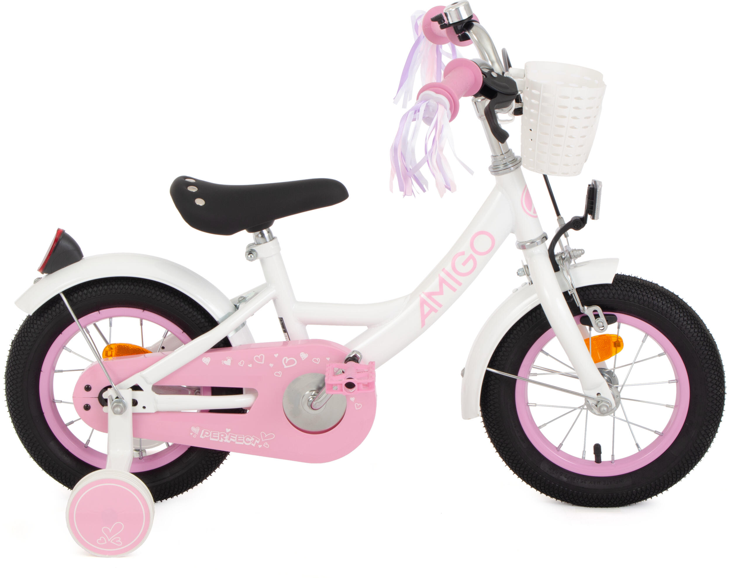 AMIGO AMIGO Meisjesfiets Perfect 12 Inch 21 cm Meisjes Terugtraprem Wit/Roze