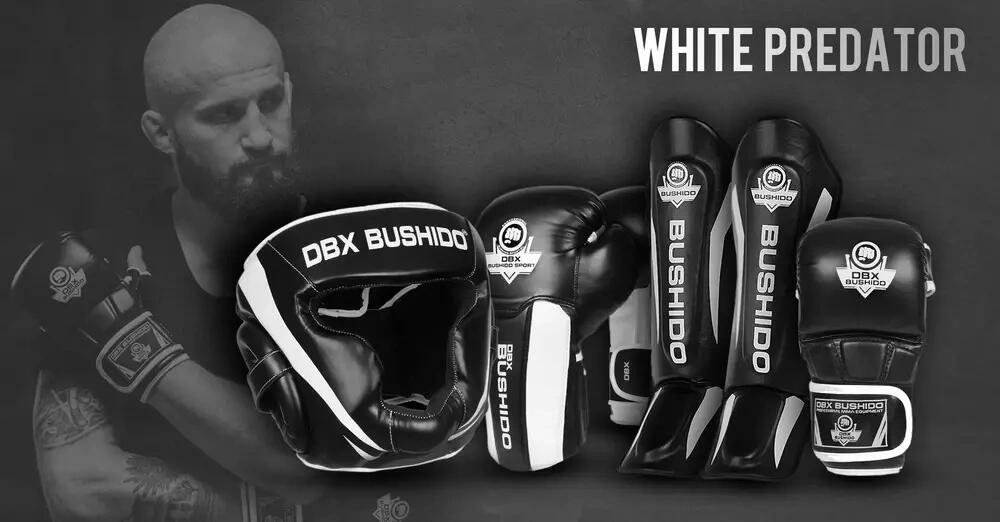 Zestaw do MMA rękawice kask i ochraniacze DBX Bushido White Predator 2/2