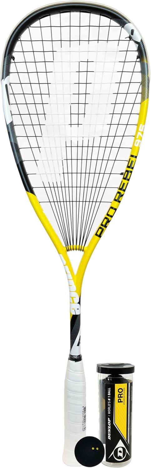 PRINCE Prince Rebel 975 O3 Squash Racket, Cover and 3 Double Yellow Dot Balls