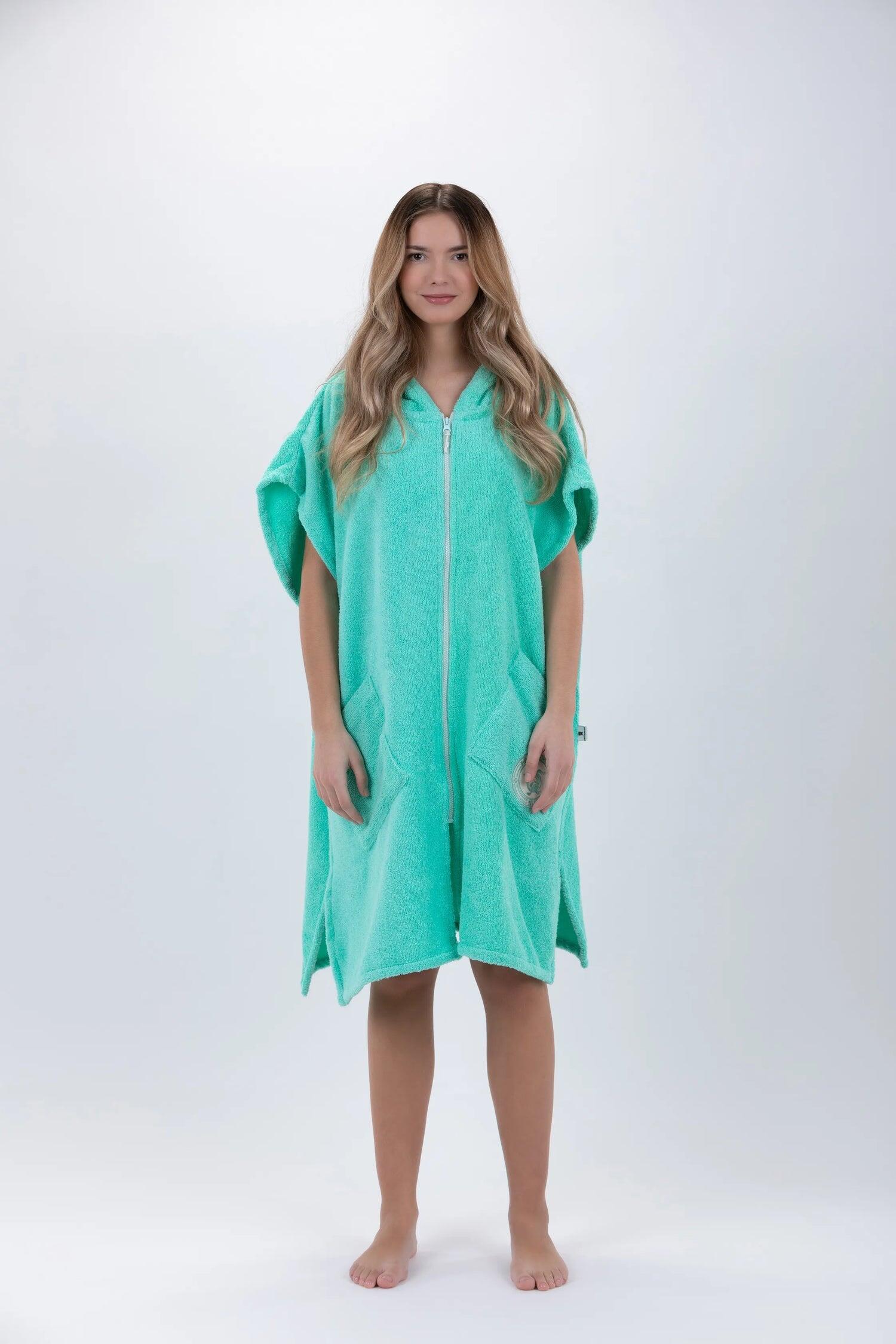 Poncho Surf Verde-Mărime Unică-Bumbac-Fără Mâneci-Cu Închidere cu Fermoar