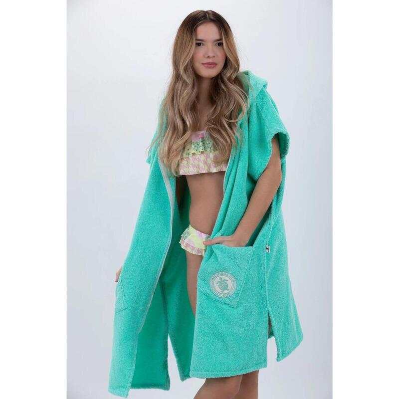 Poncho Surf Verde-Mărime Unică-Bumbac-Fără Mâneci-Cu Închidere cu Fermoar