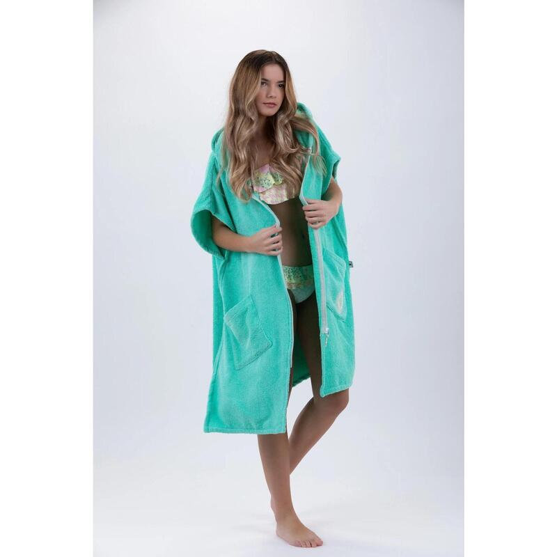 Poncho Surf Verde-Mărime Unică-Bumbac-Fără Mâneci-Cu Închidere cu Fermoar