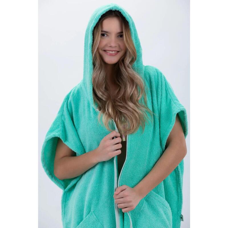 Poncho Surf Verde-Mărime Unică-Bumbac-Fără Mâneci-Cu Închidere cu Fermoar